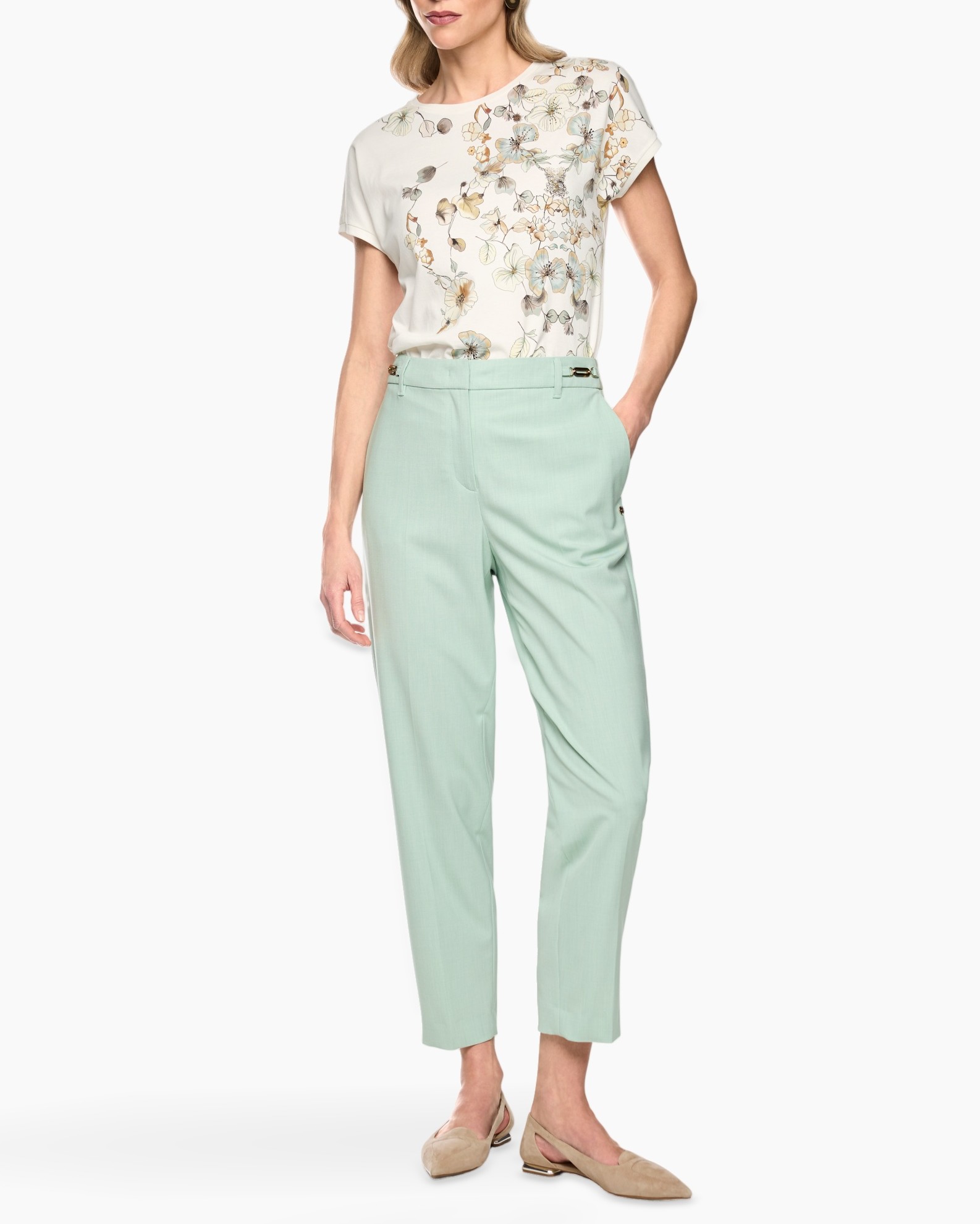 top, blouse, floral, korte mouwen, broek, mintgroen, broeken, slim fit, crepe?, schoenen