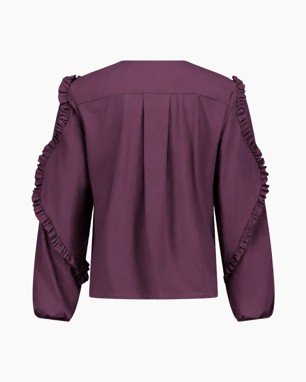 blouse, paars, gerufflede ruches, lange mouwen, knoopsluiting