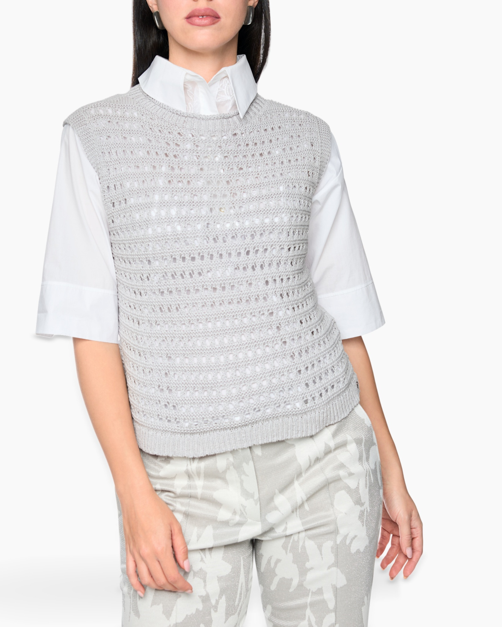 knit vest, crochet top, layered sweater, grey, women's top