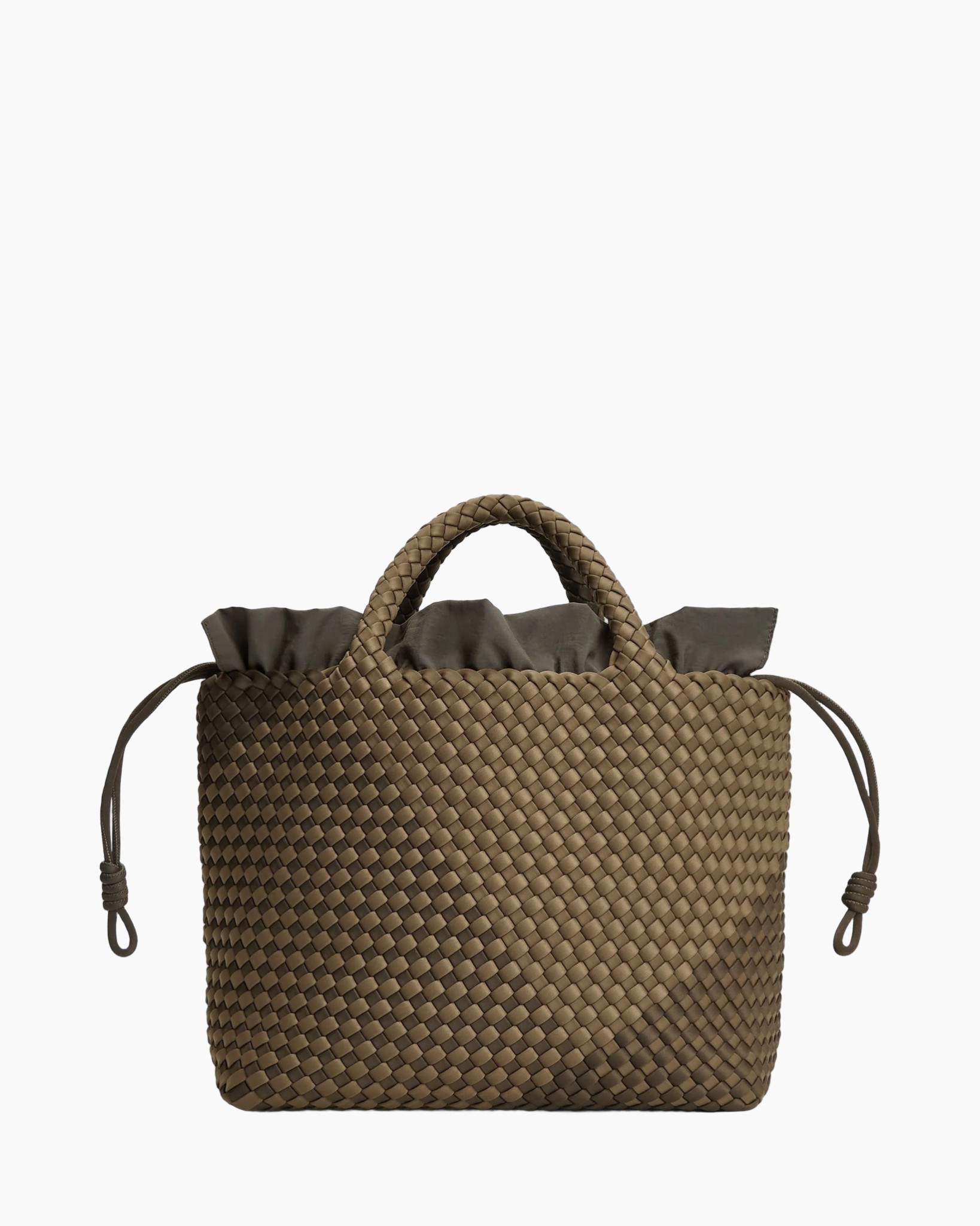 gewoven tas, bruin shopper, handtas, trekaartje:drawstring, gewoven structuur