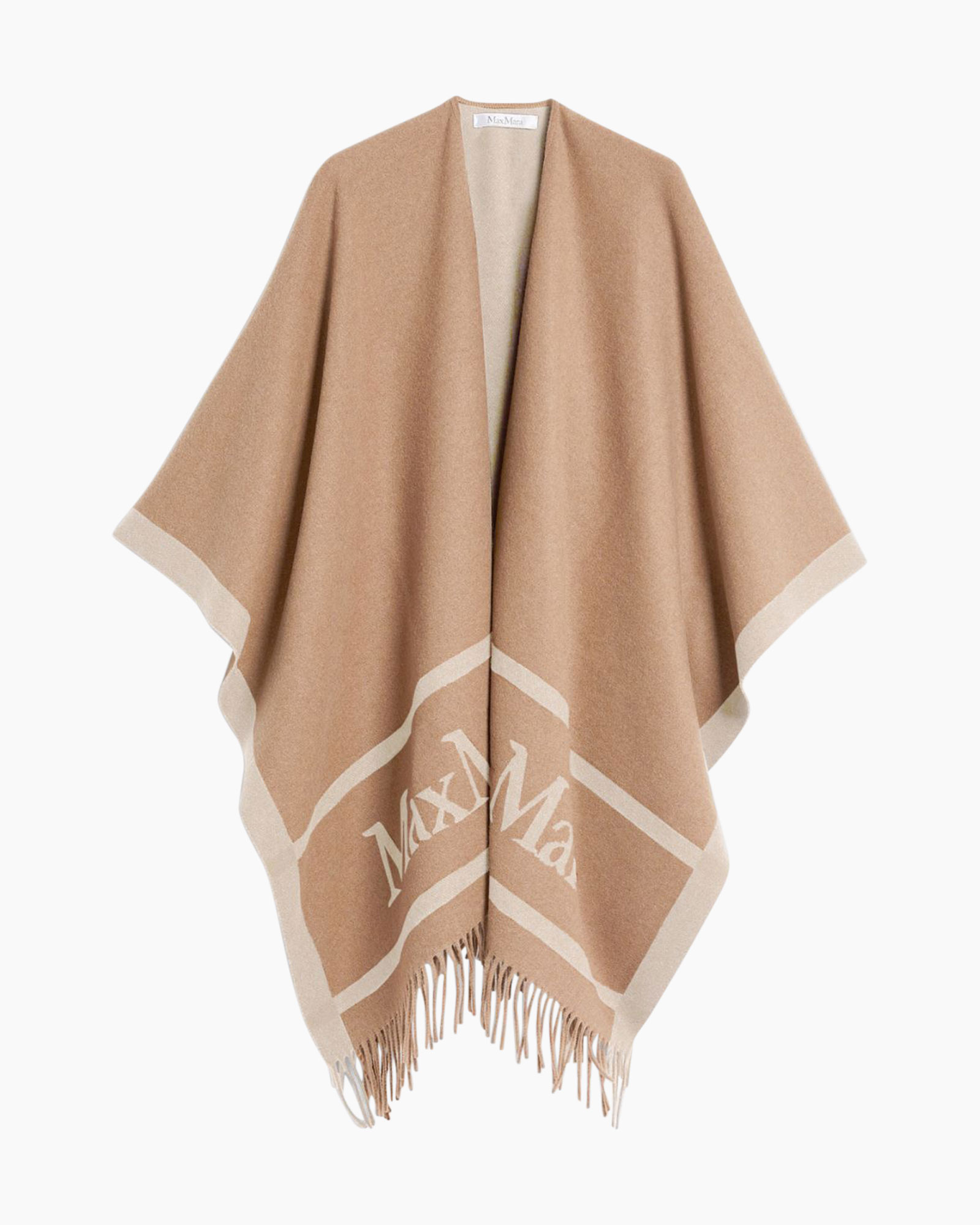 poncho, camel, franje, geweven, logo patroon