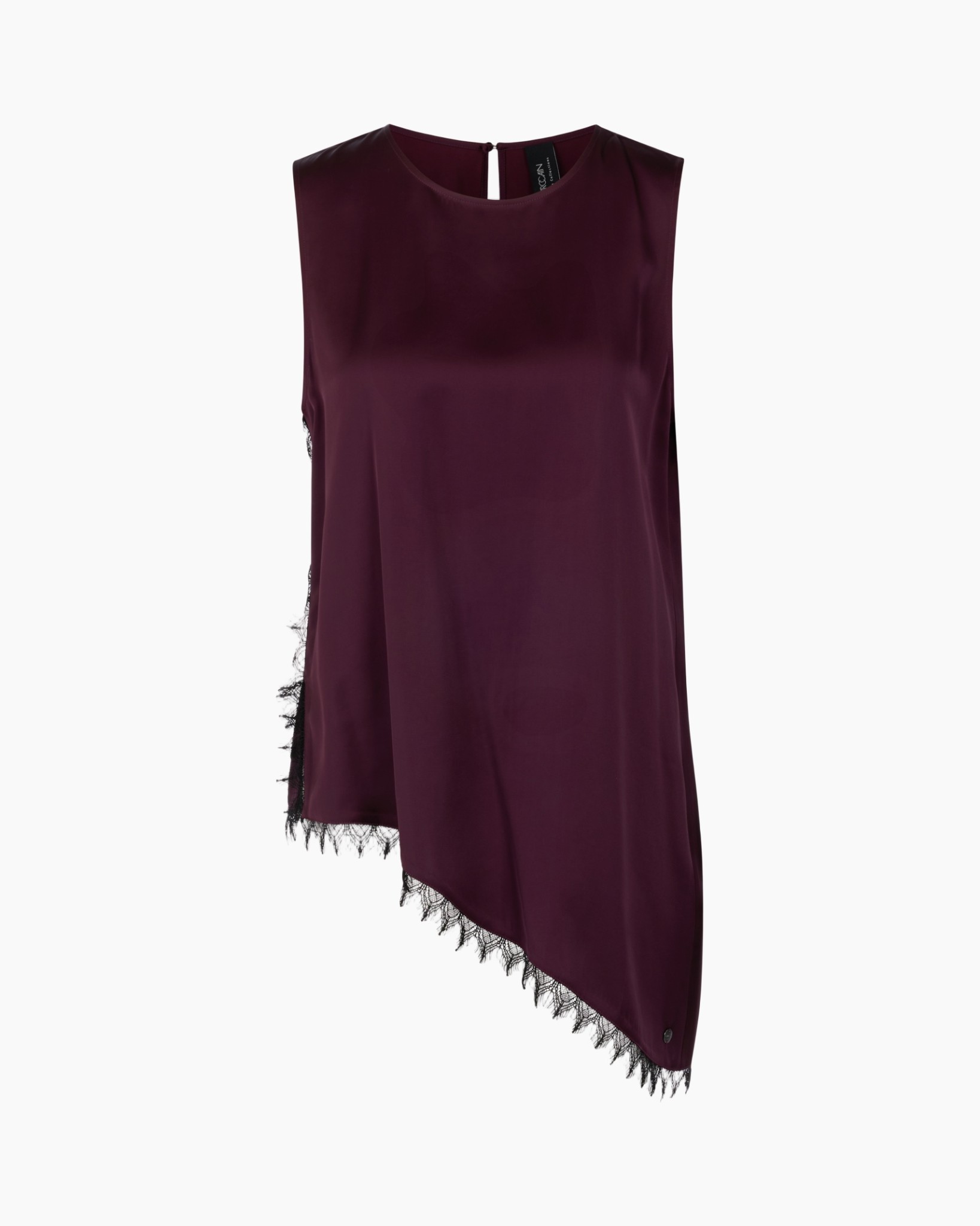 zijden, top, burgundy, asymmetrisch, kantafwerking