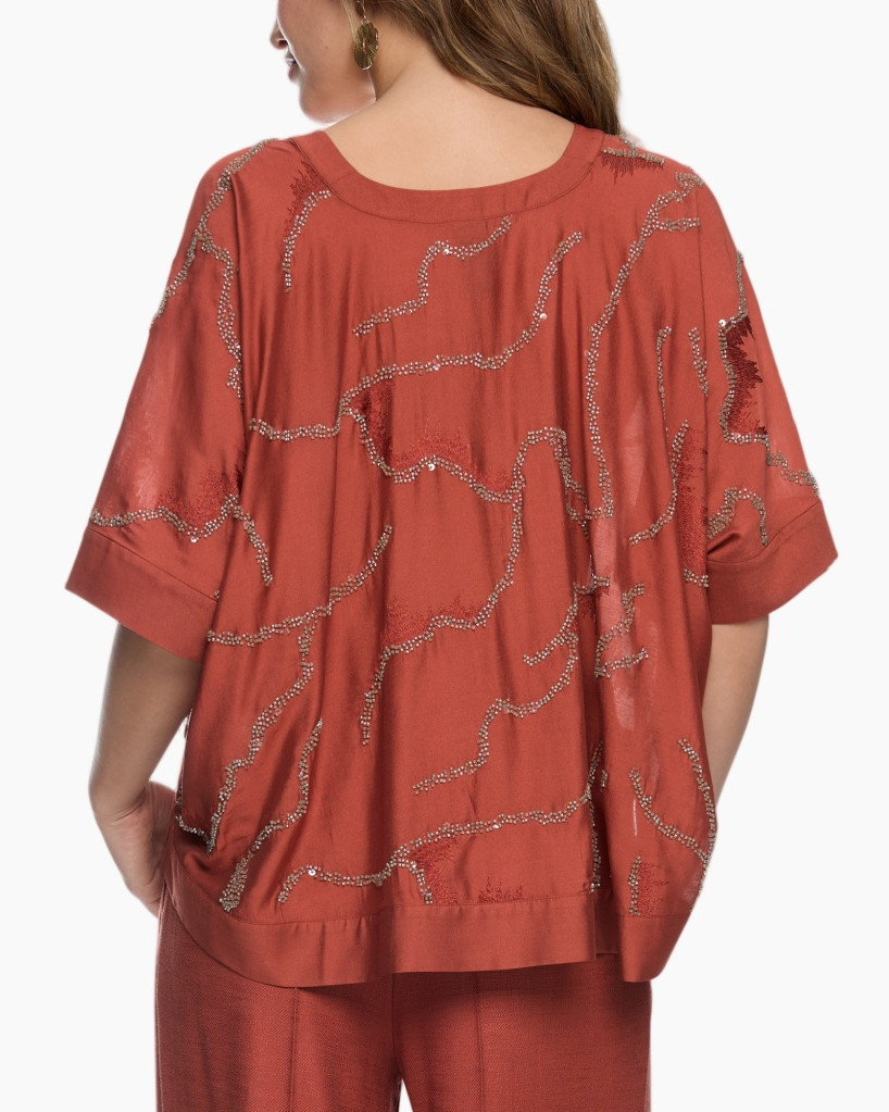 top, blouse, versierde, linnen, koraalrood