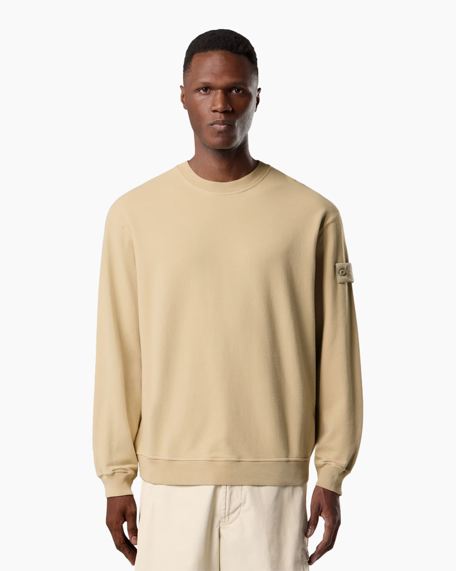 sweatshirt, beige, langer_mouw, kraagloze_nek?, mouw_patch_cargo