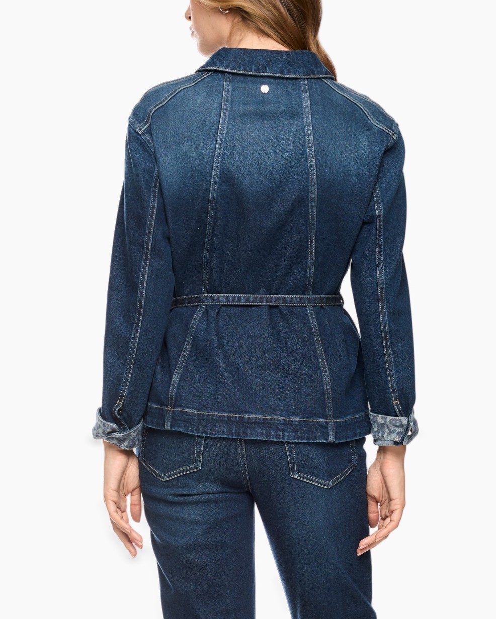 denim jas, spijkerjas, riempje, knopen sluiting, contrast stiksels