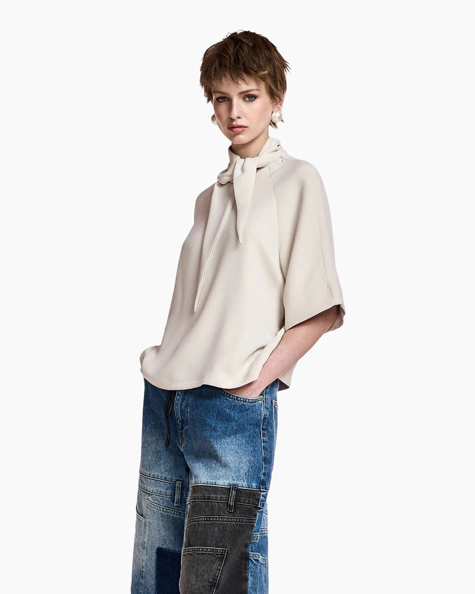 top, sjaal, beige, korte mouwen, broek