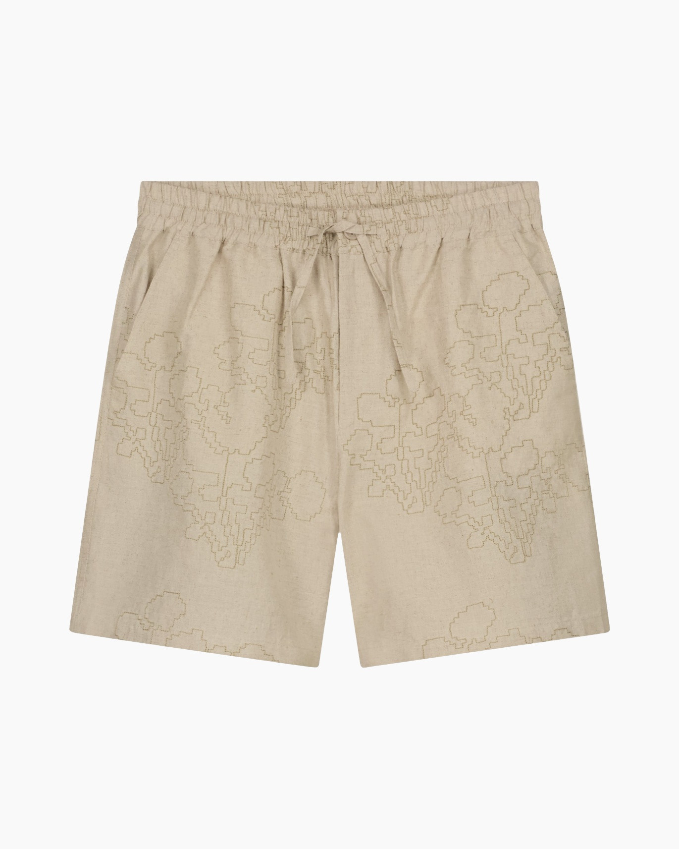 beige shorts, drawstring, linen, embossed floral, elastic waistband