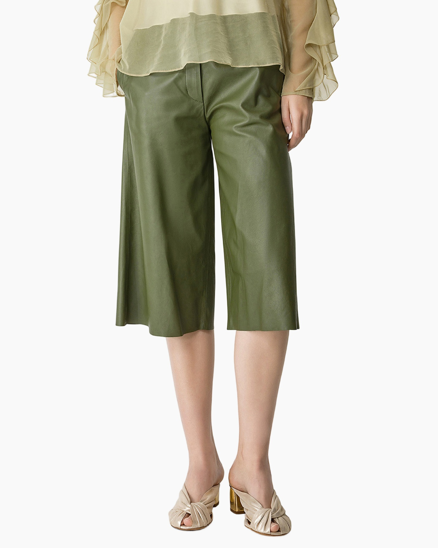 groene culotte, leerachtig, knee-length, wijdte-breed, slip-ons sandaal