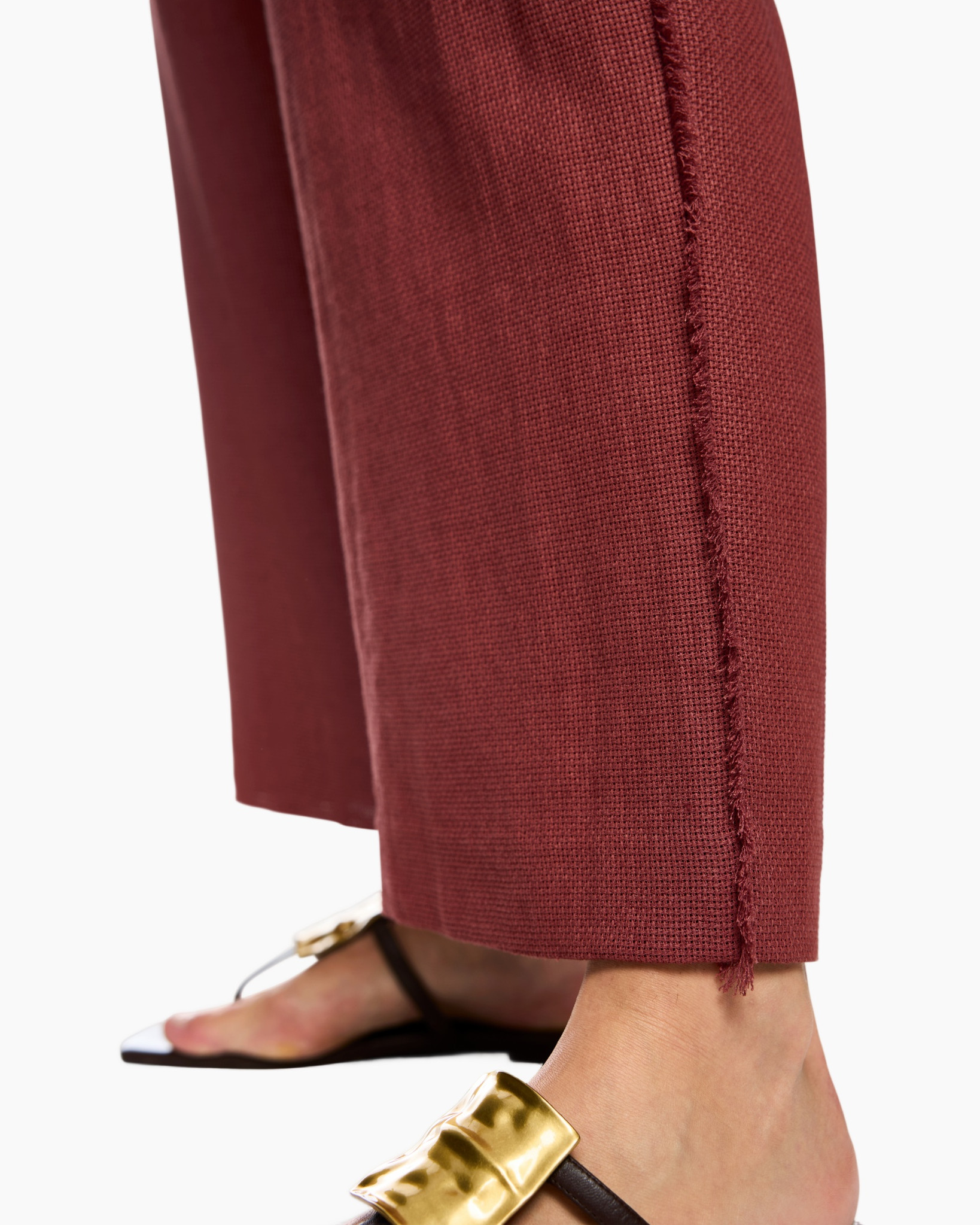 pants, red, cropped, frayed hem, slacks