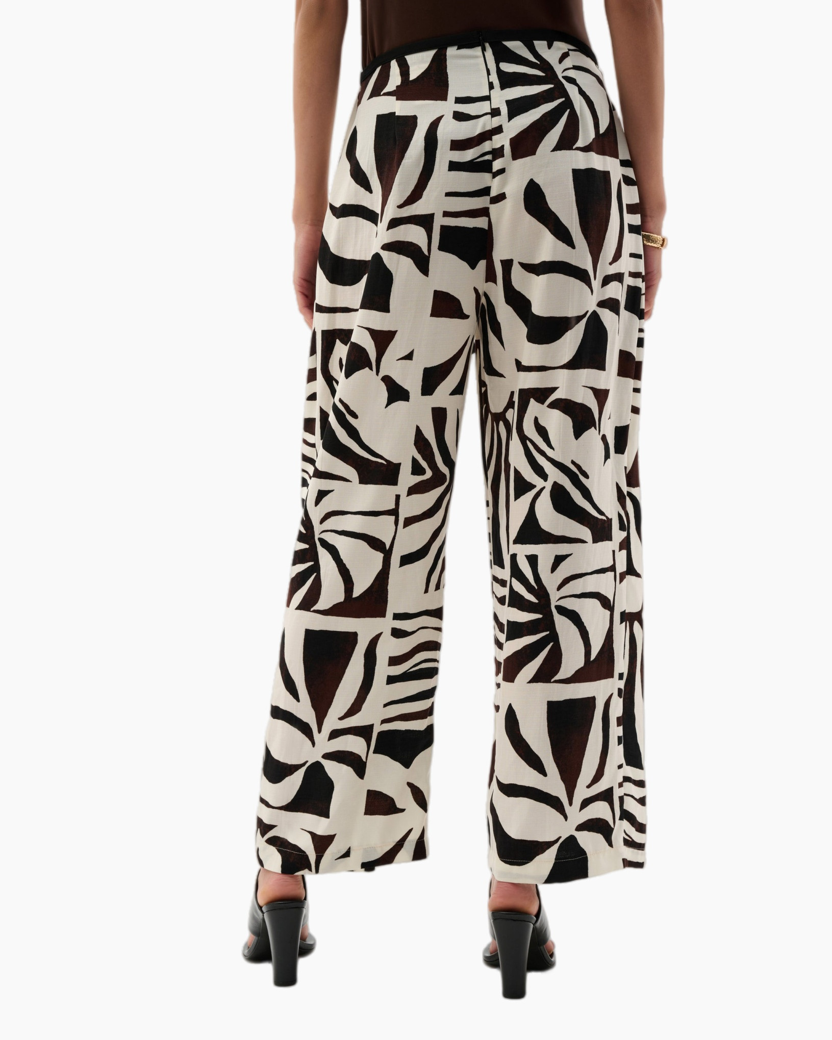 broek met wijde pijpen, abstract patroon, wrap-achtige taille, beige bruin, strikceintuur