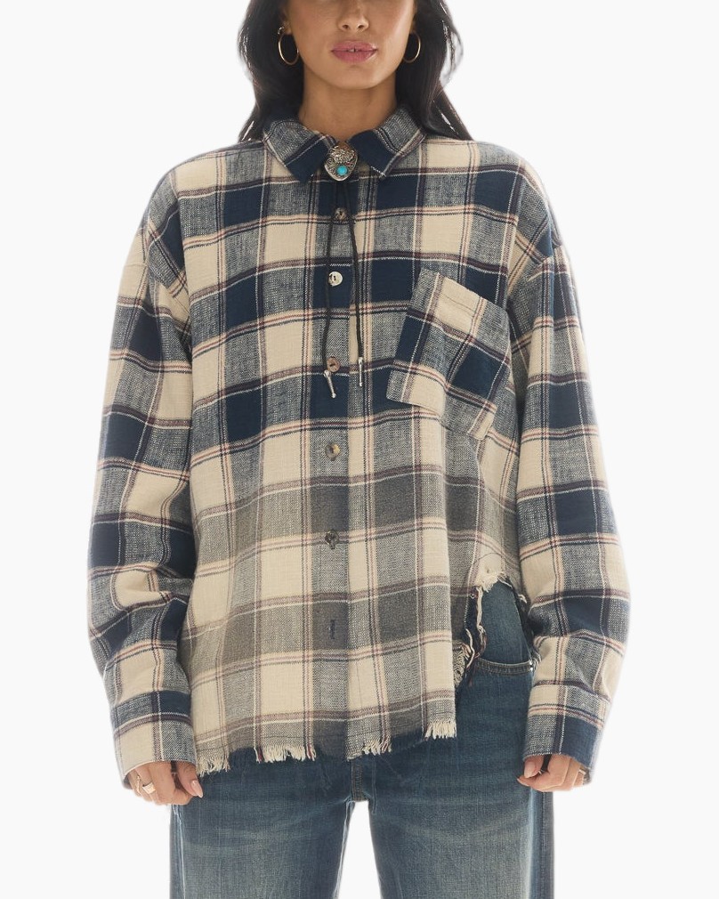 geruit overhemd, oversized pasvorm, rafelzoom, knoopsluiting, marineblauw en beige