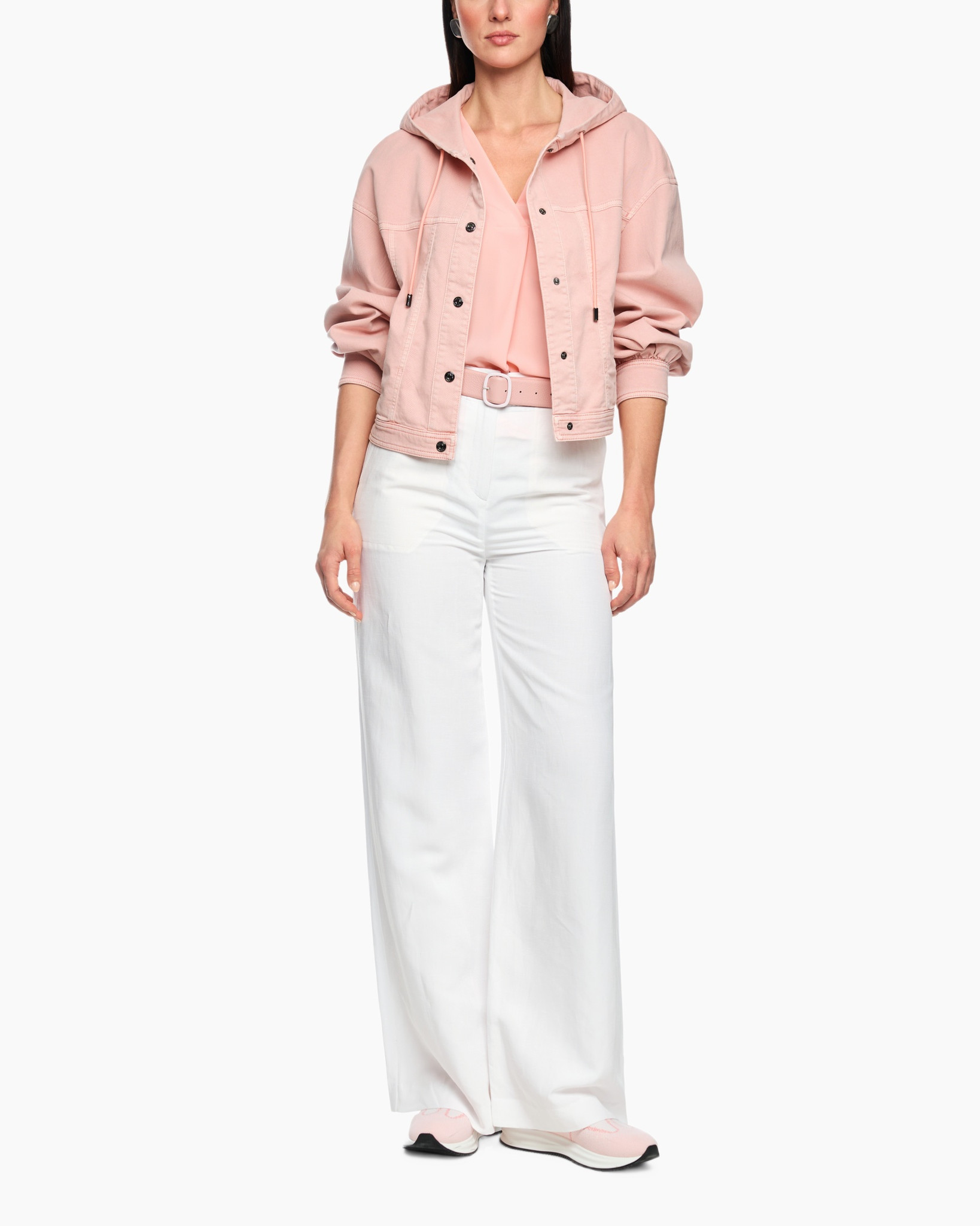 pink jacket, hooded jacket, light pink, wide leg pants, belted pants
