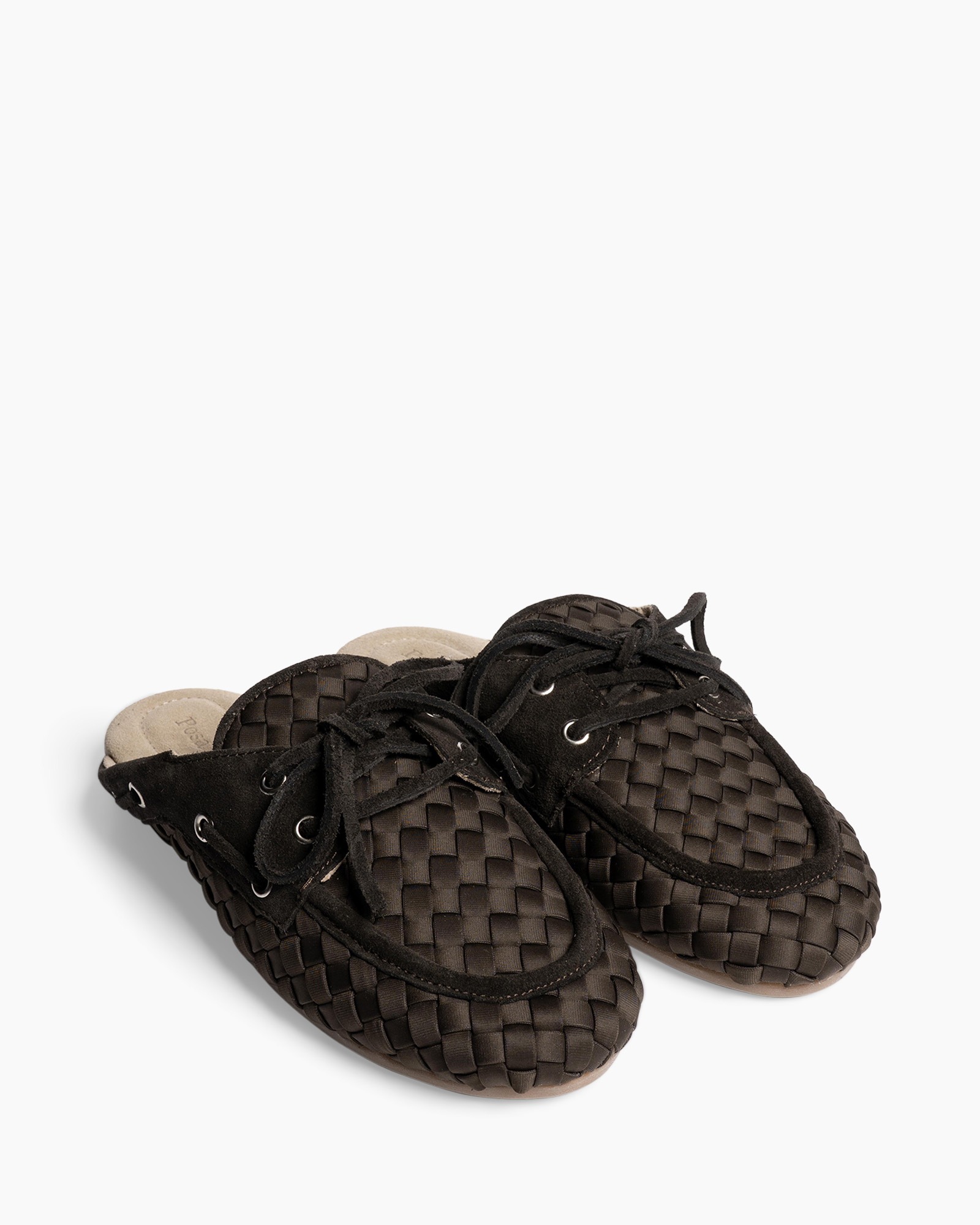 slipper, mocassin, geweven, open achterkant, bruin