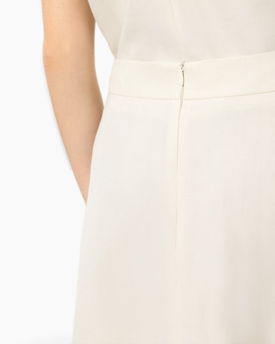 crème jurk, rits achter, hoog taille, zijzak, effen stof