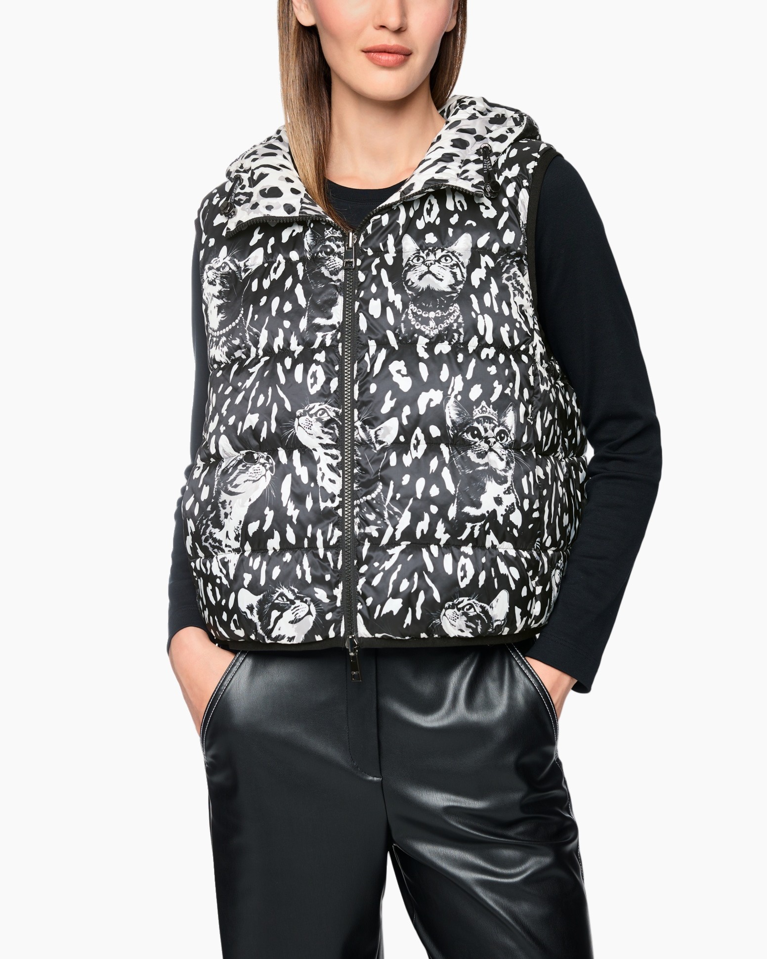 Gewatteerde vest, kattenprint, rits voorzijde, zwart wit, kraag kap