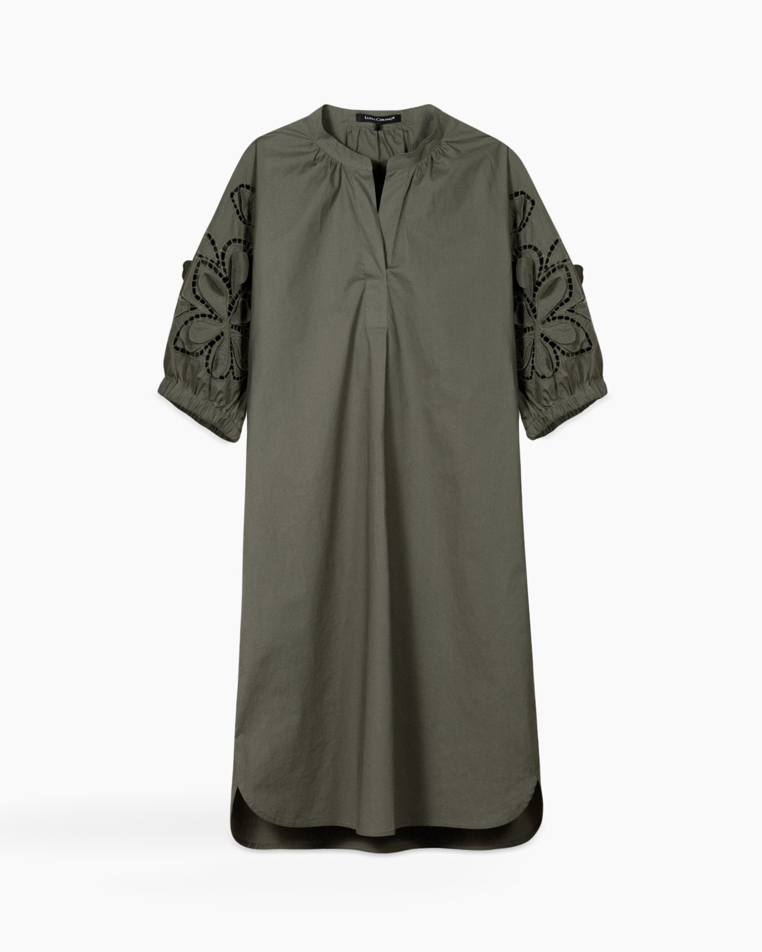 kledingstuk, tuniek, olijfkleur, borduursel, driekwartmouwen