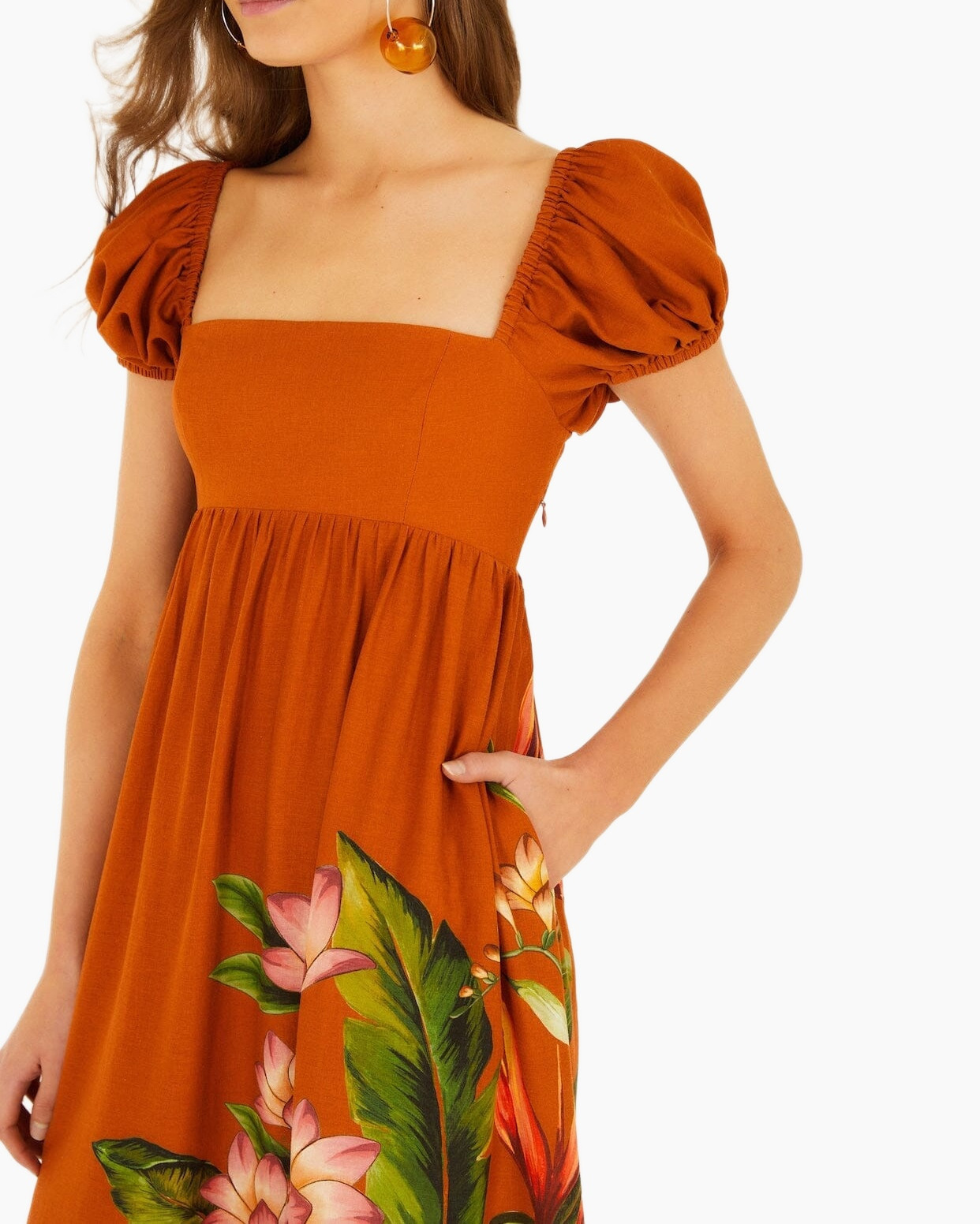 jurk, oranje, pofmouwen, florale print, midi-jurk