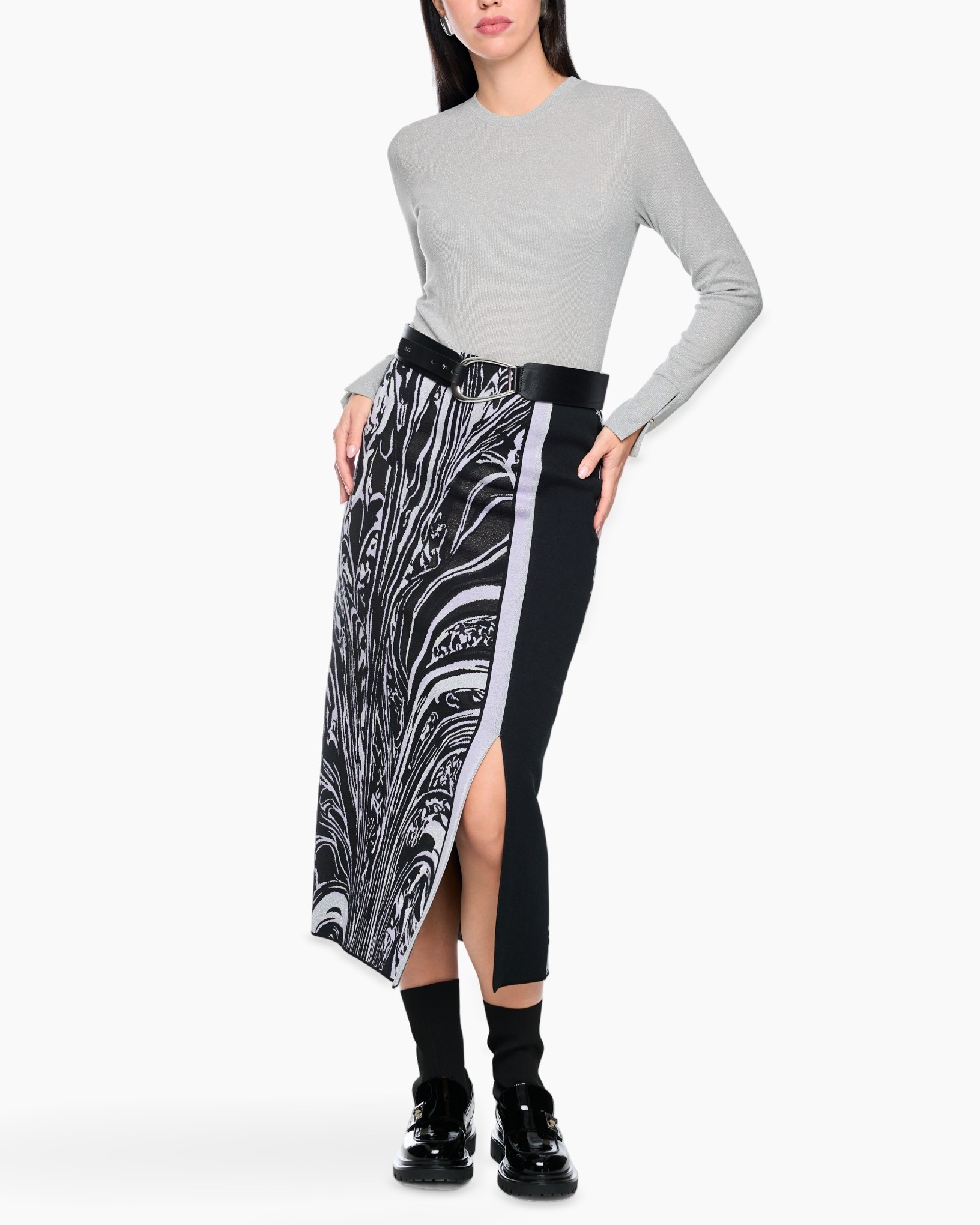 rok, gemengde print, scheur/opening, middellang, riem
