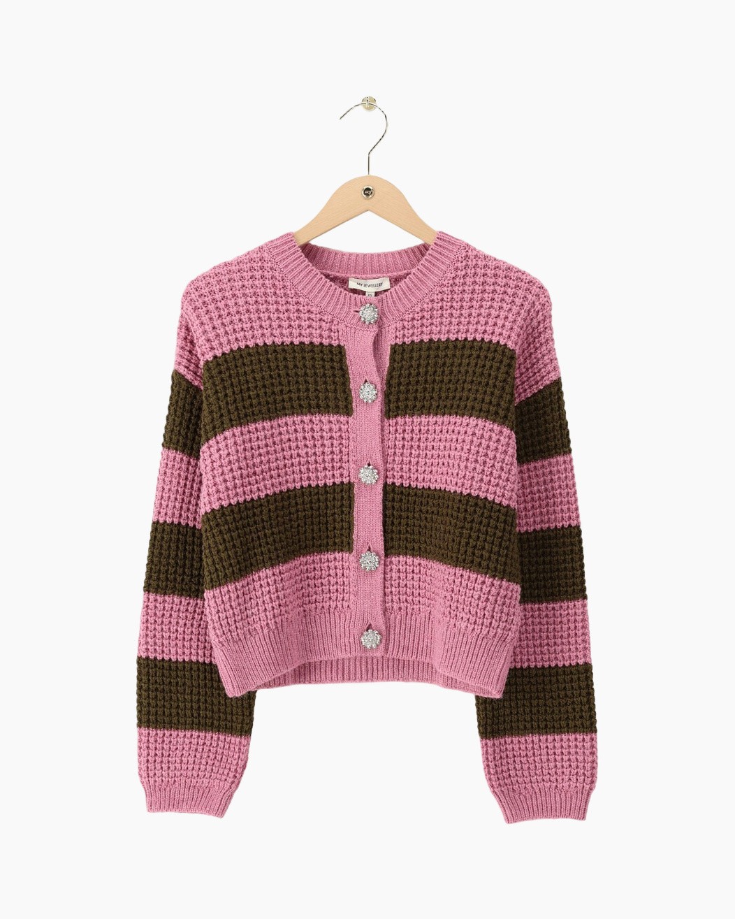 cardigan, roze, gestreept, gebreid, knopen