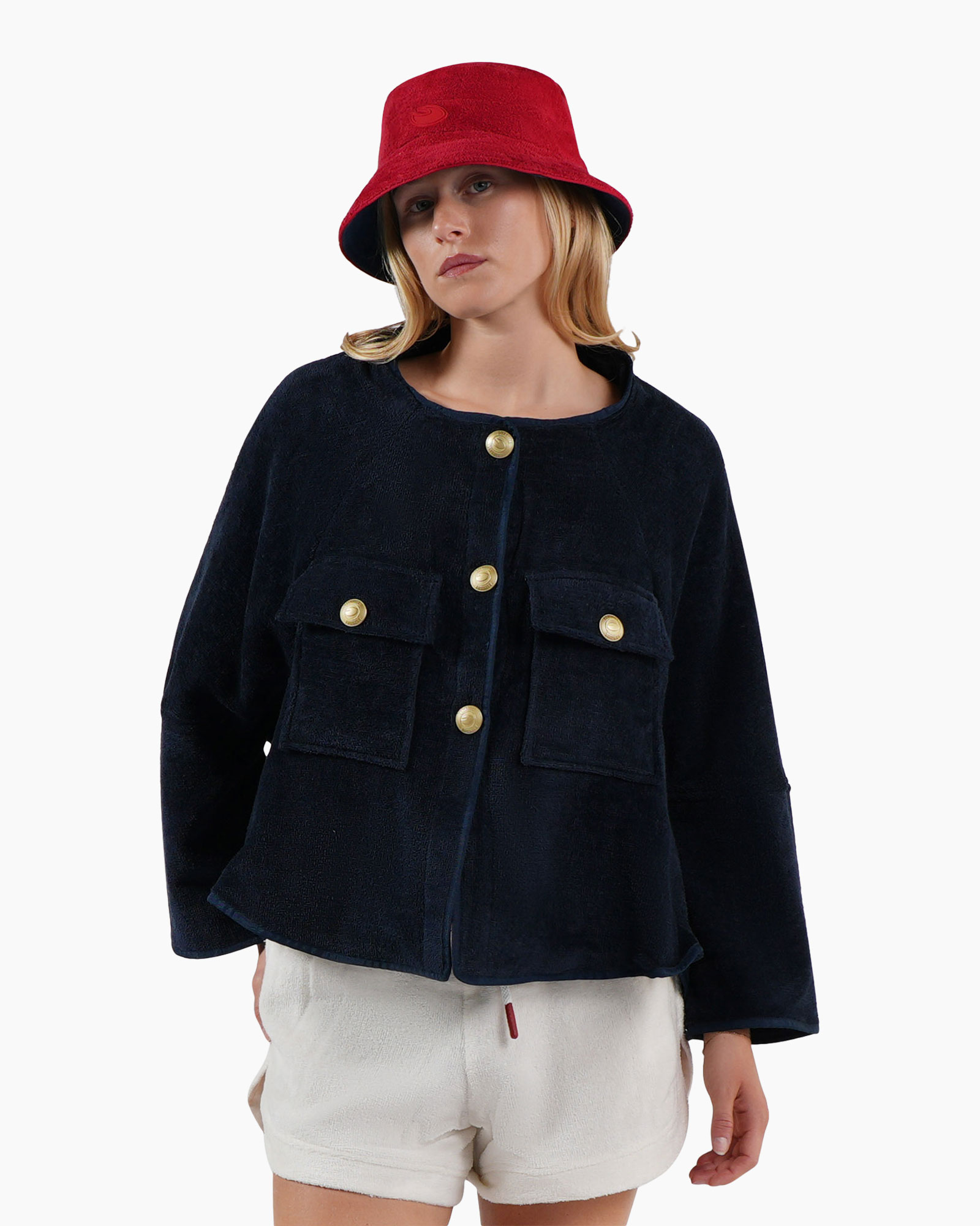 blauw jack, corduroy, voorzakken, gouden knopen, bucket hoed