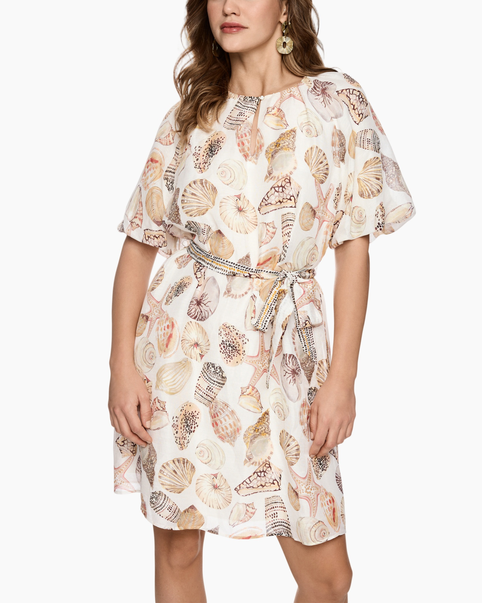 dress, printed, shell pattern, waist belt, short sleeves