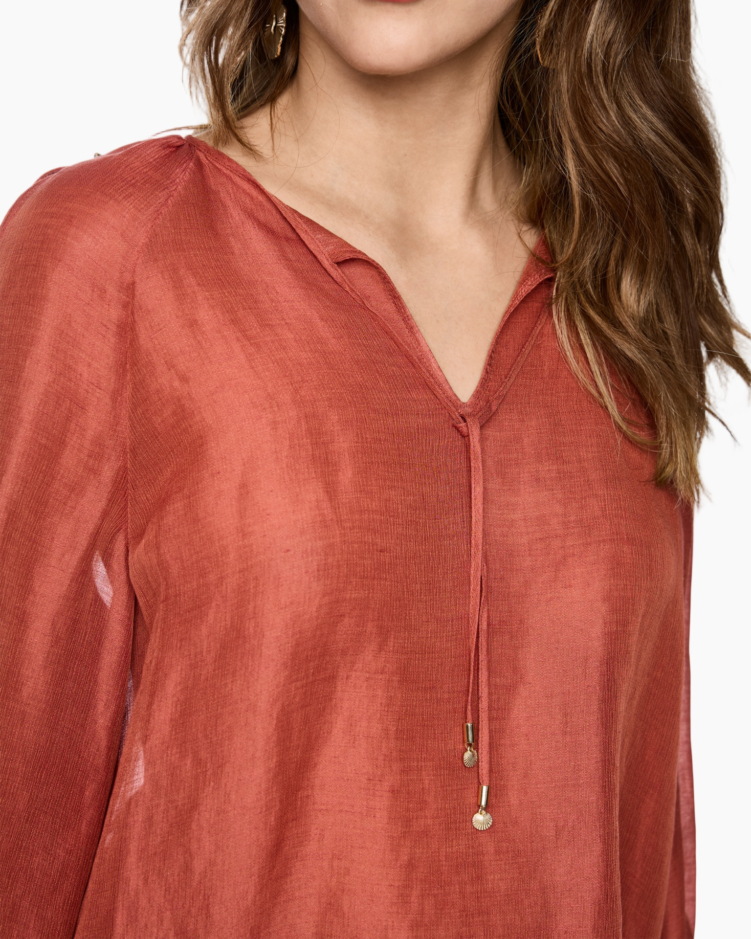 blouse, linnen, roest, v-hals, vetdetail