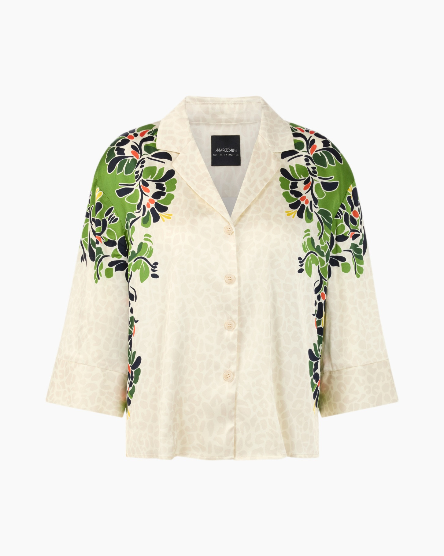 knopen blouse, linnen, beige, bloemmotief, print