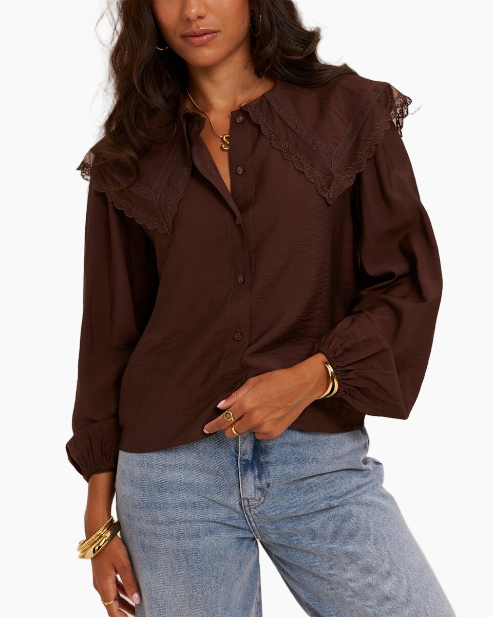 blouse, blouse met kanten, bruin, lange mouw, kantenriem