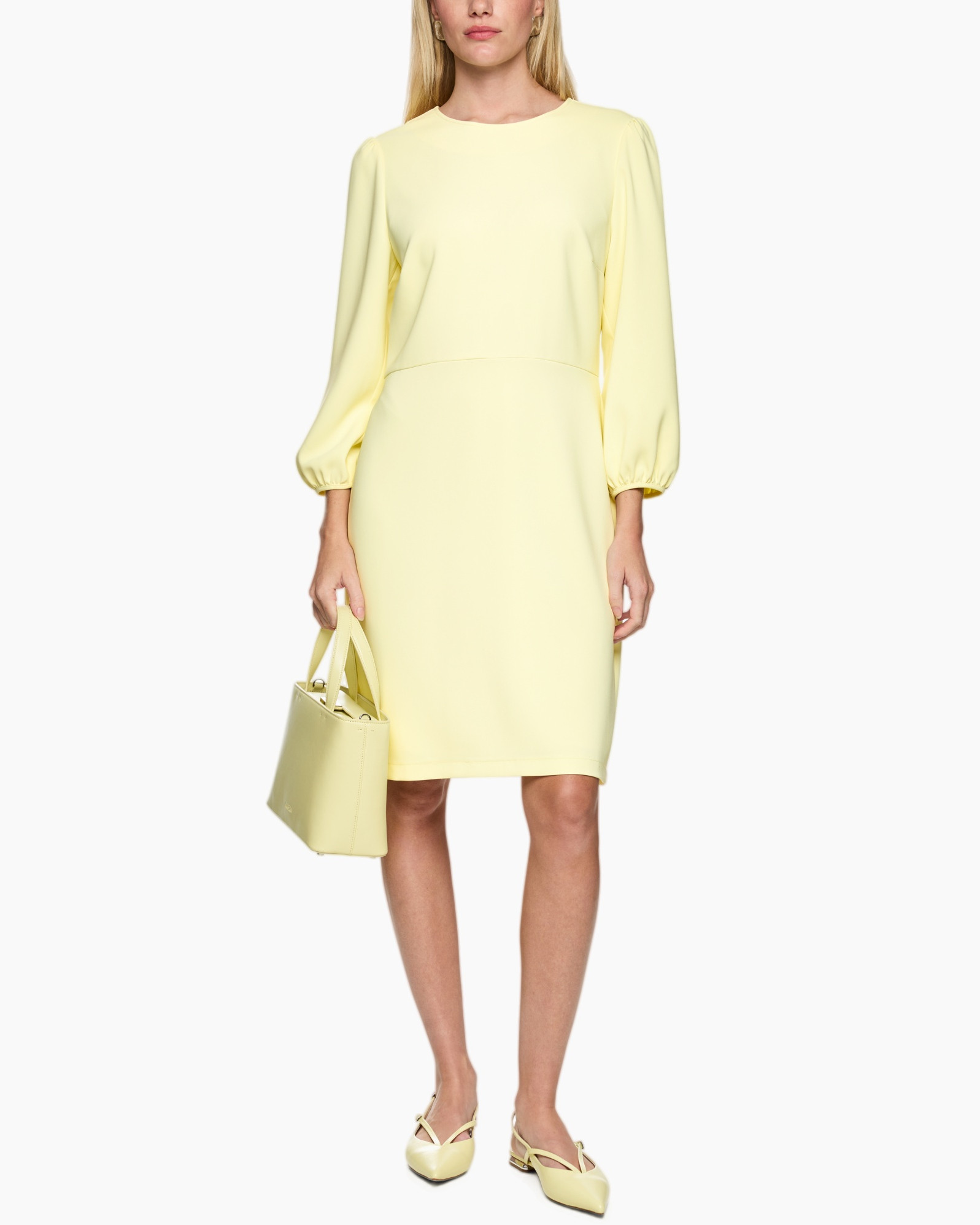 dress, knee-length, puff-sleeve, pastel-yellow, handbag