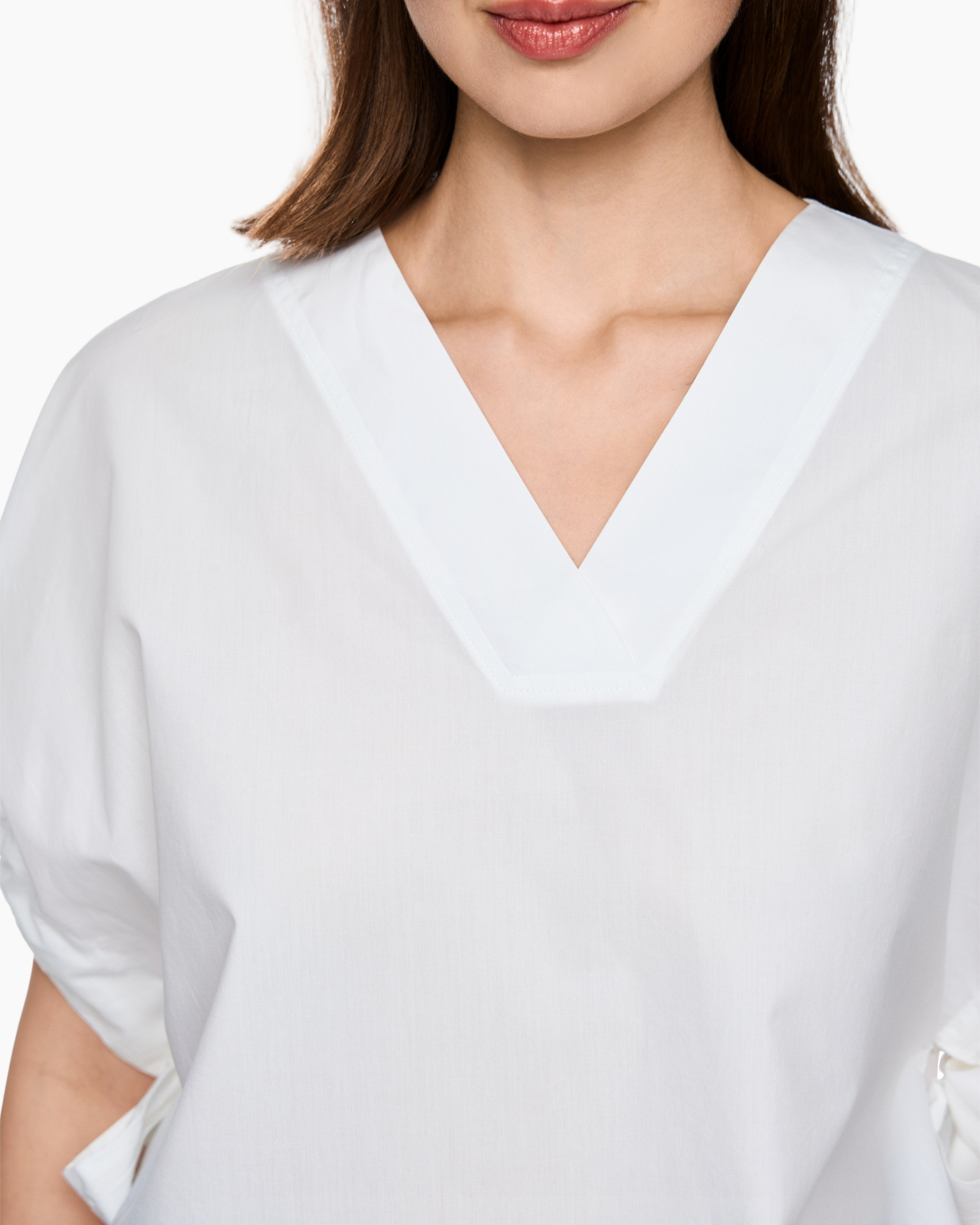 wit, top, blouse, kraagloze?, V-hals