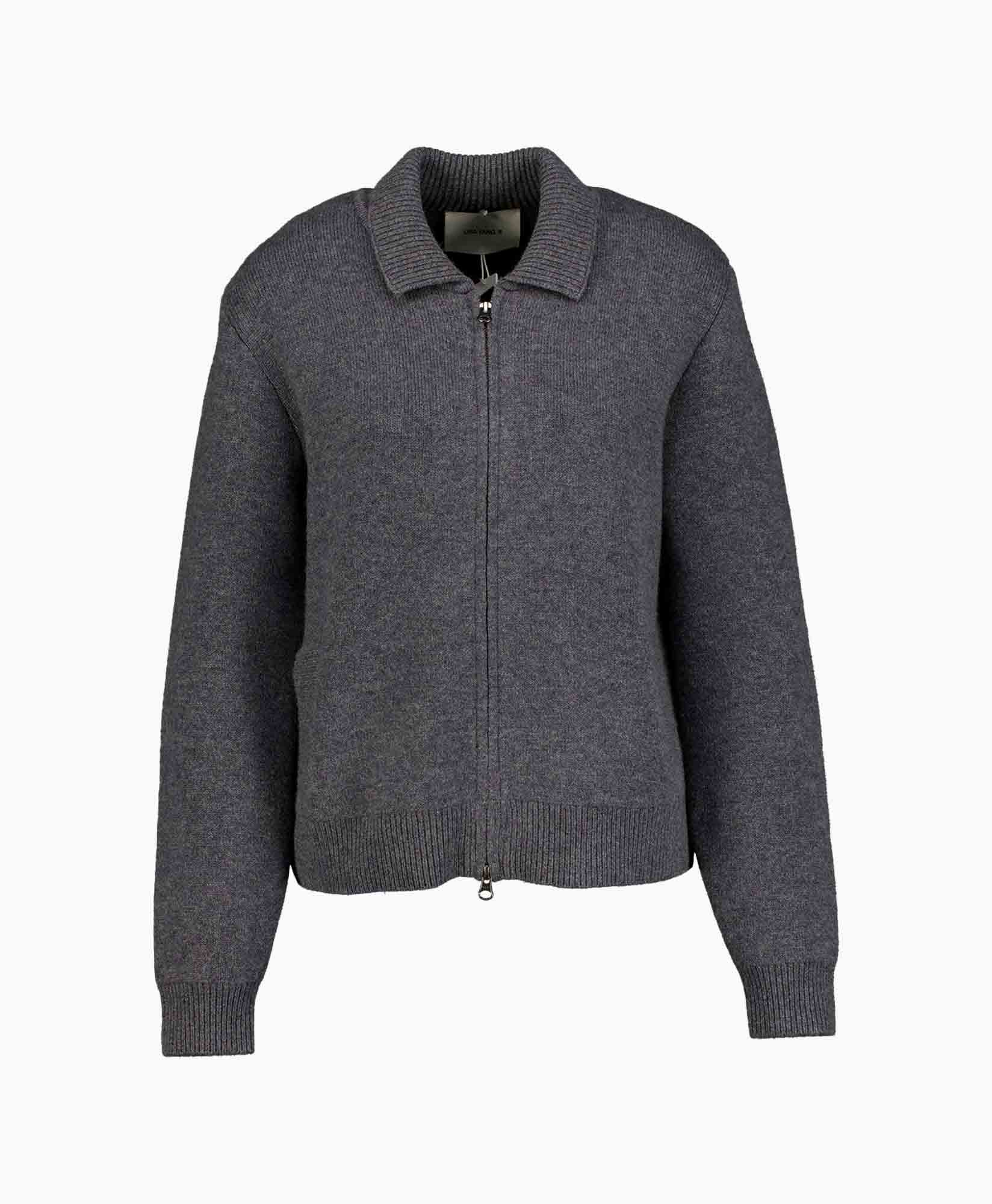 cardigan, rits, brei, grijs, ribbelrand