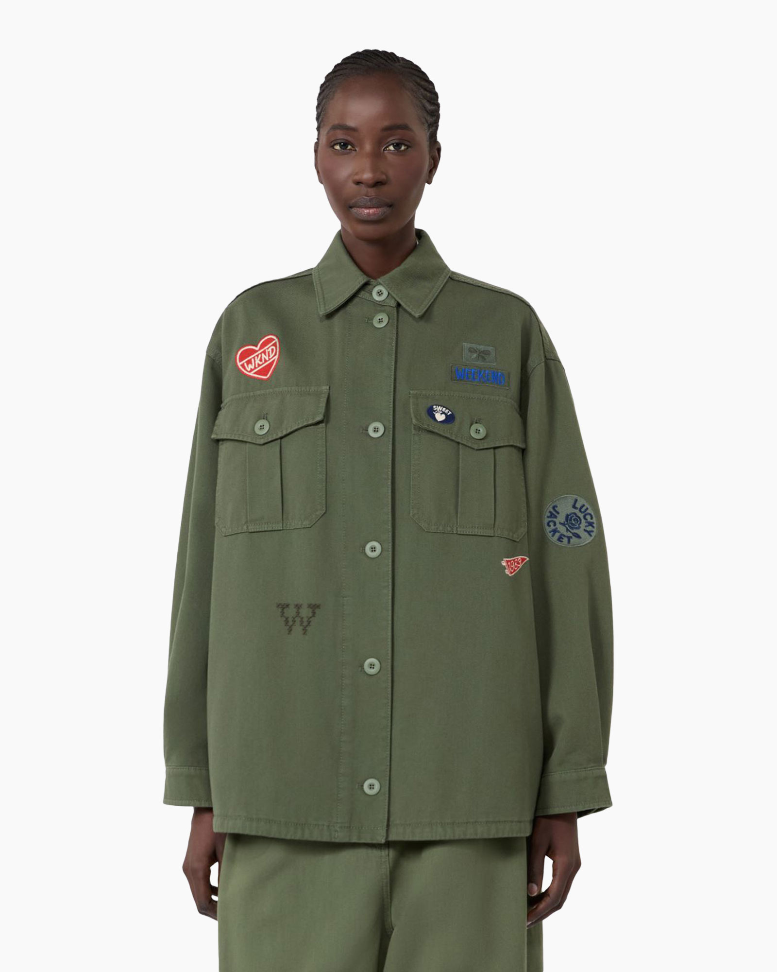 jas, olijfgroen, patches, militaire stijl, lange mouw
