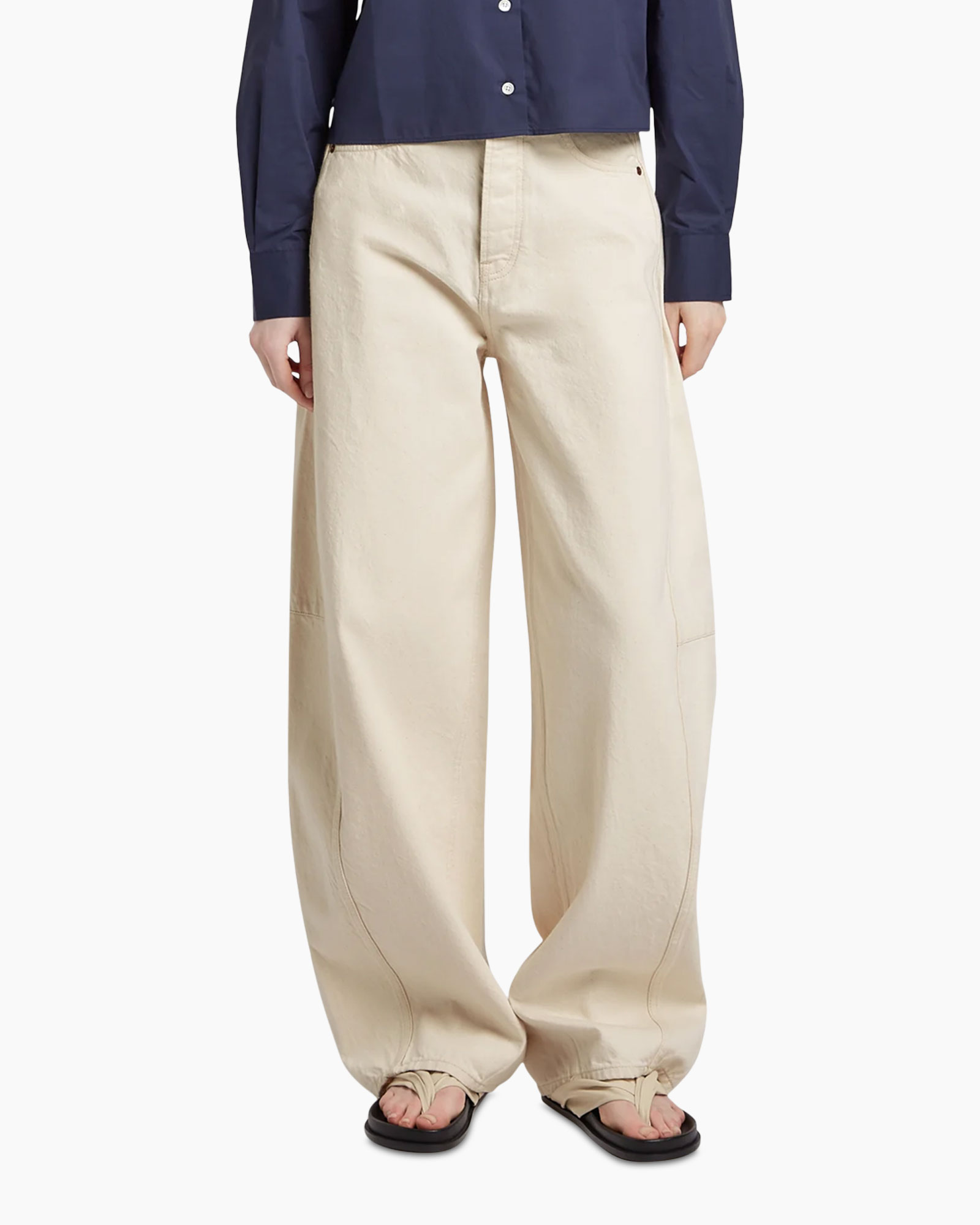 pants, beige, wide-leg, casual, drawstring?, but the image shows no drawstring