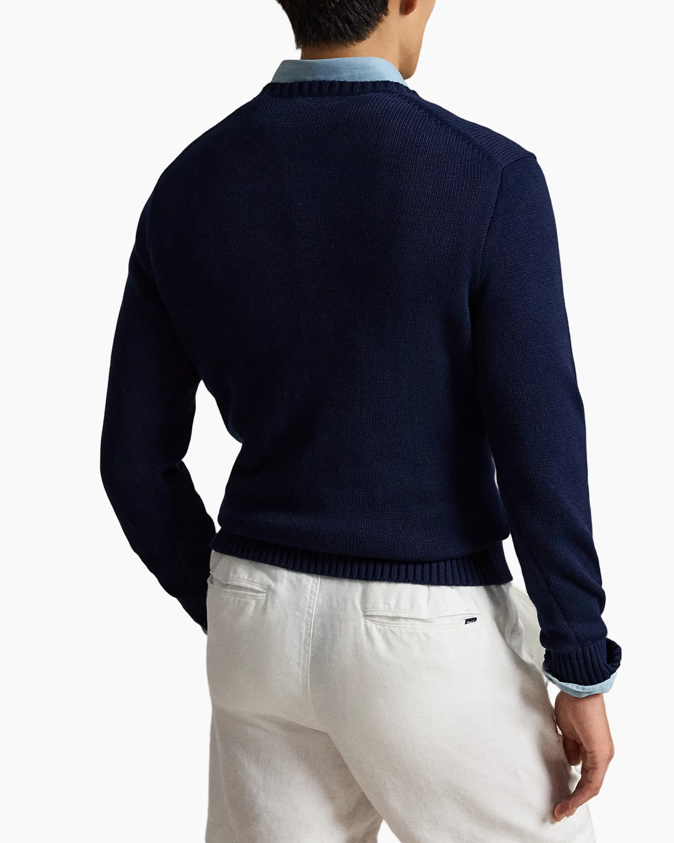 navy sweater, trui breigoed, shirt nek, polo pony logo, casual pull-over