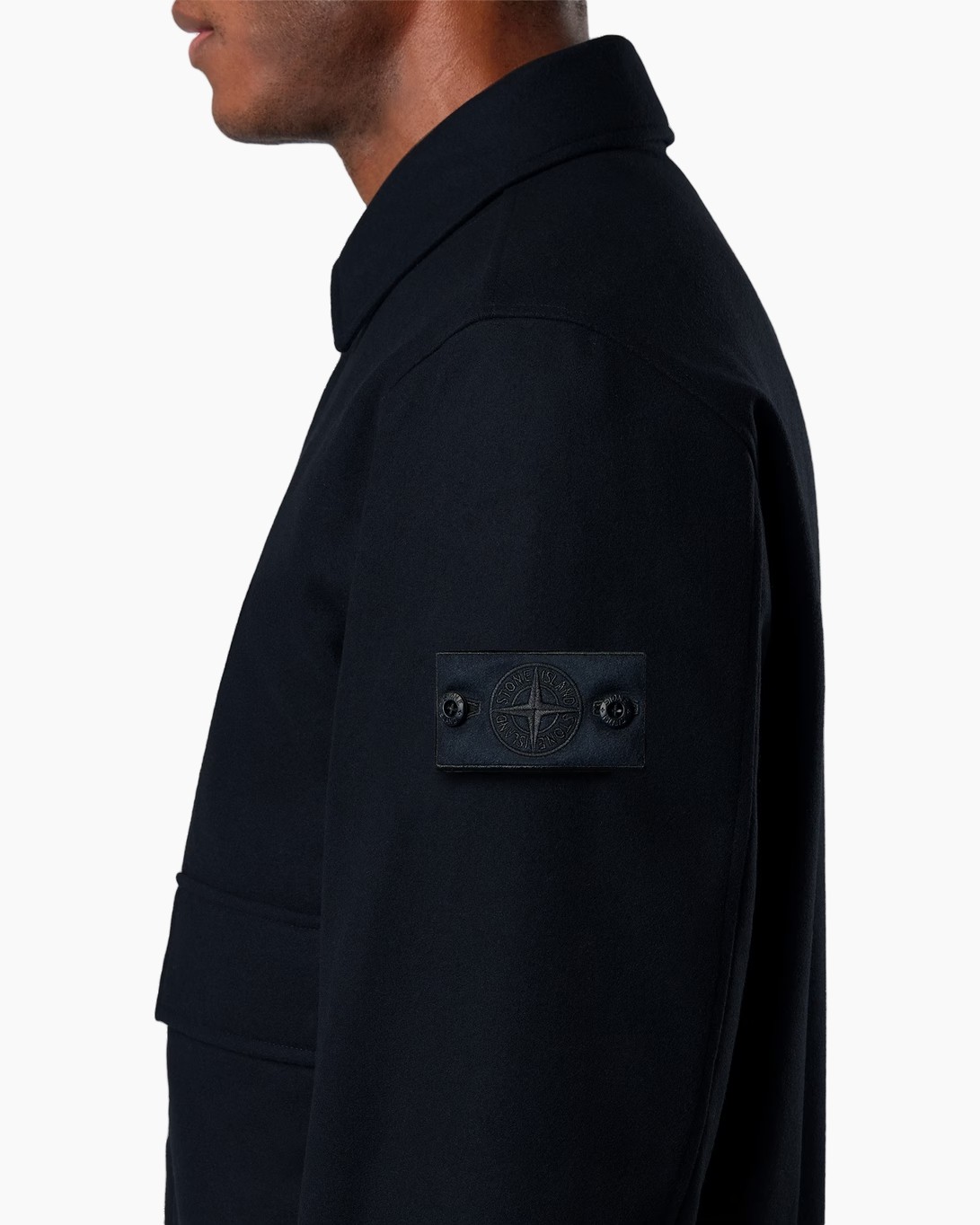 navy jas, randpatchzak, korte kraag, lange mouw, zijkant zicht