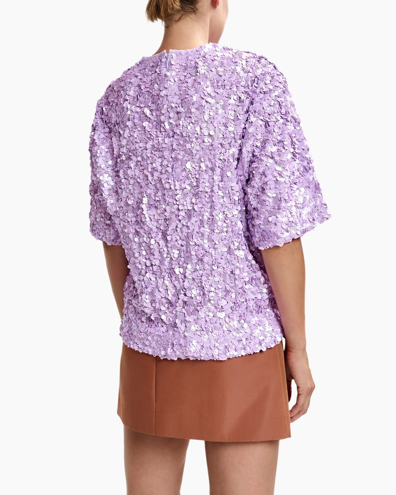 top, sequins, paars, shorts, strik, asymmetrisch, chique