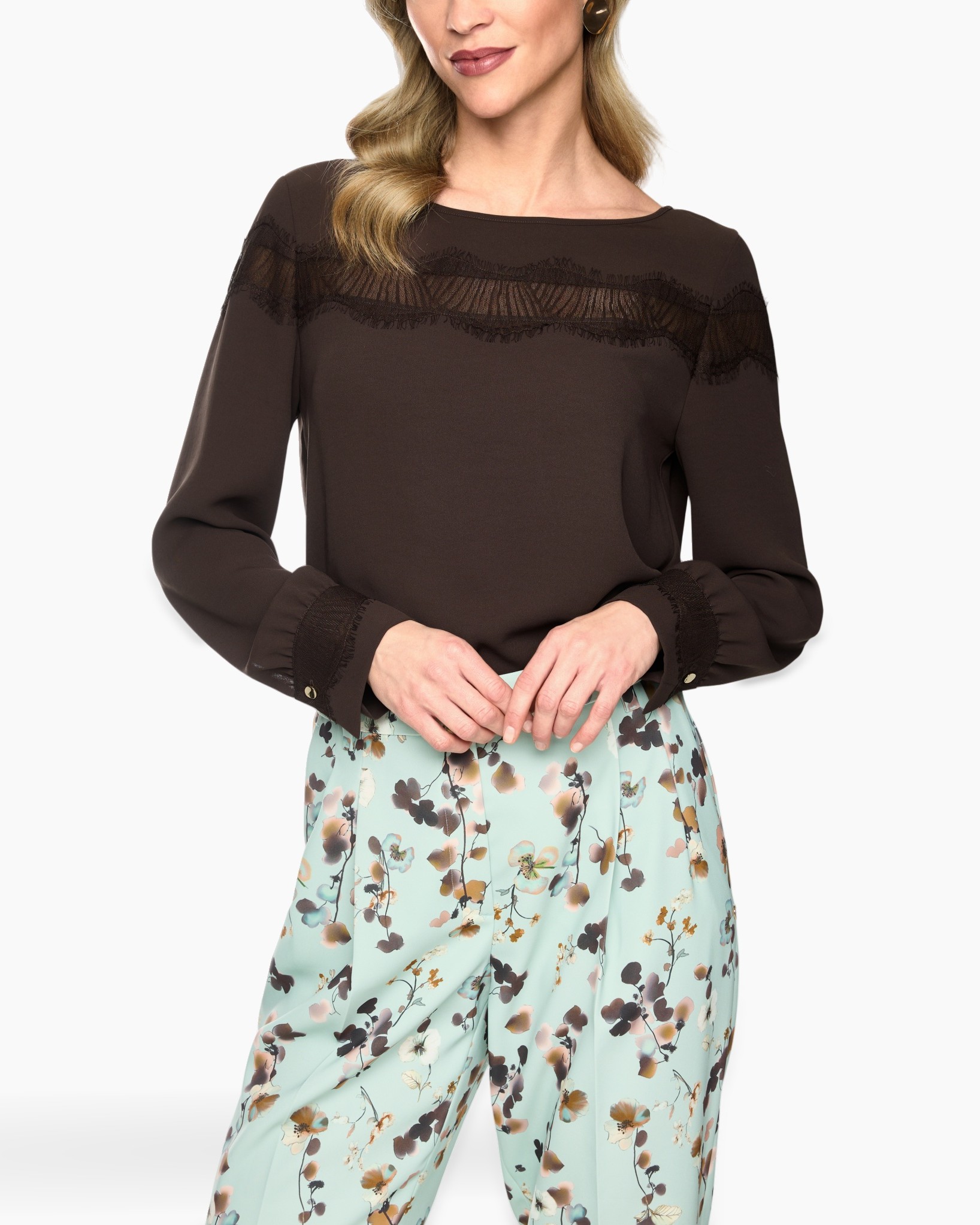 blouse, kant, lange mouwen, bruin, top