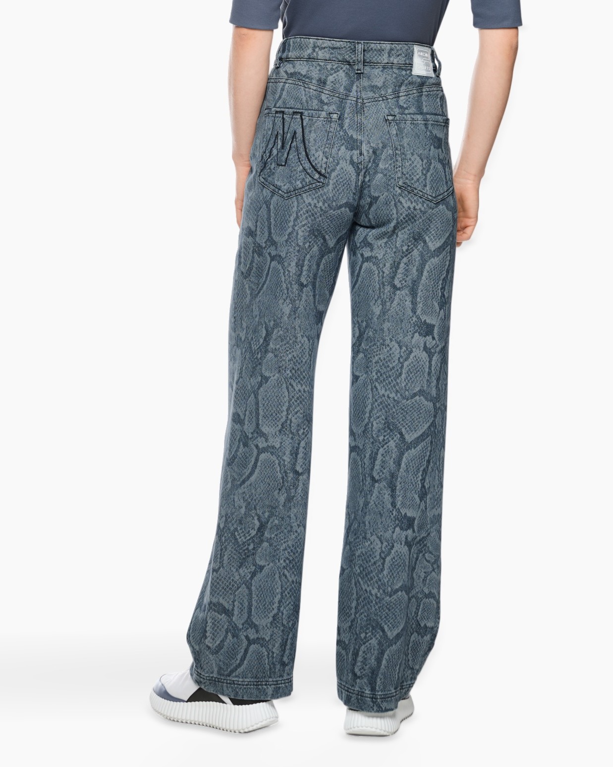 wijd Sum, patroon huiddiersnake, denim broek, hoog model taille, blauw-grijs, broek, spijkerbroek, slangenprint, wijdere pasvorm, denim