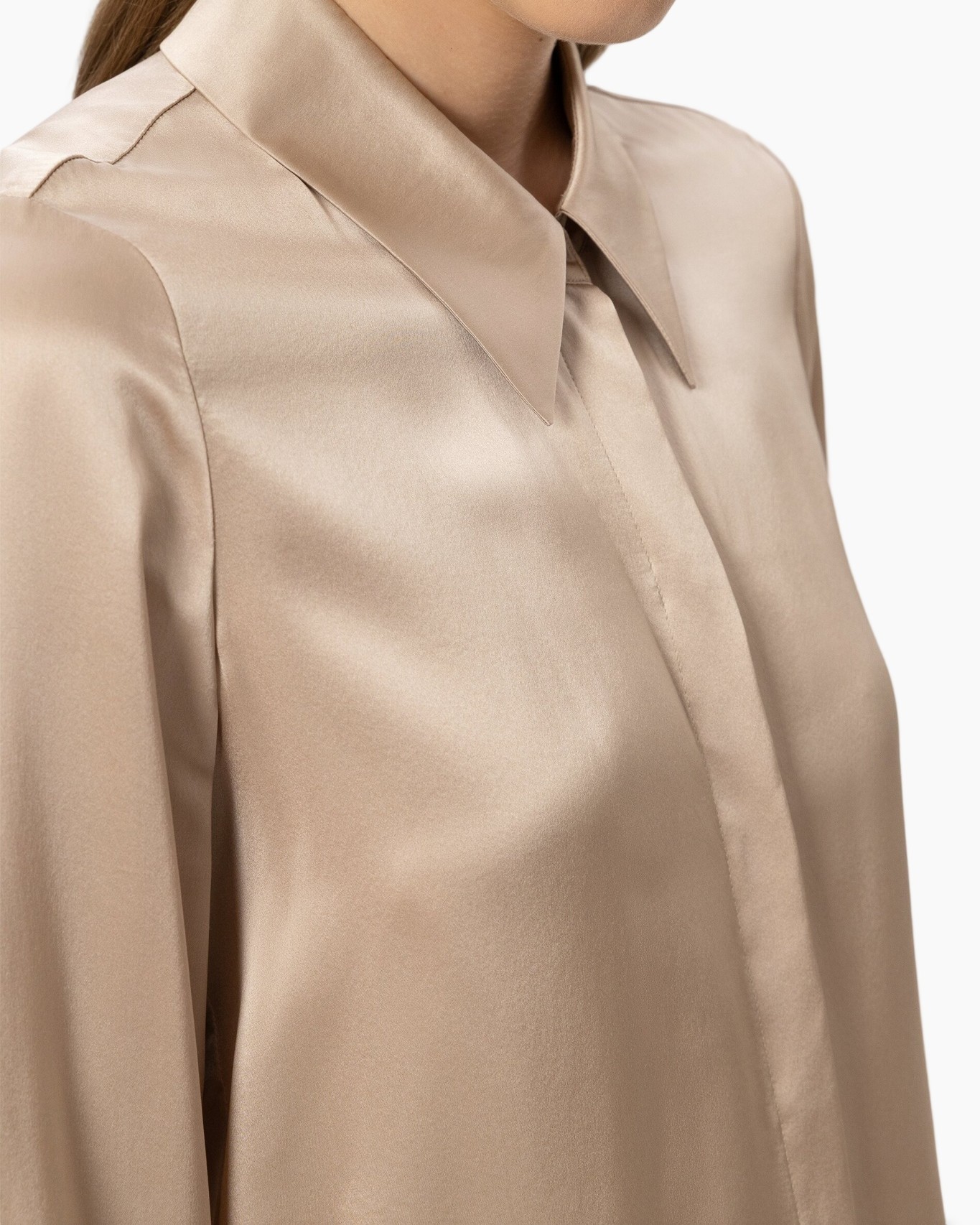 zijde stof, blouse, kraag, beige, lange mouwen