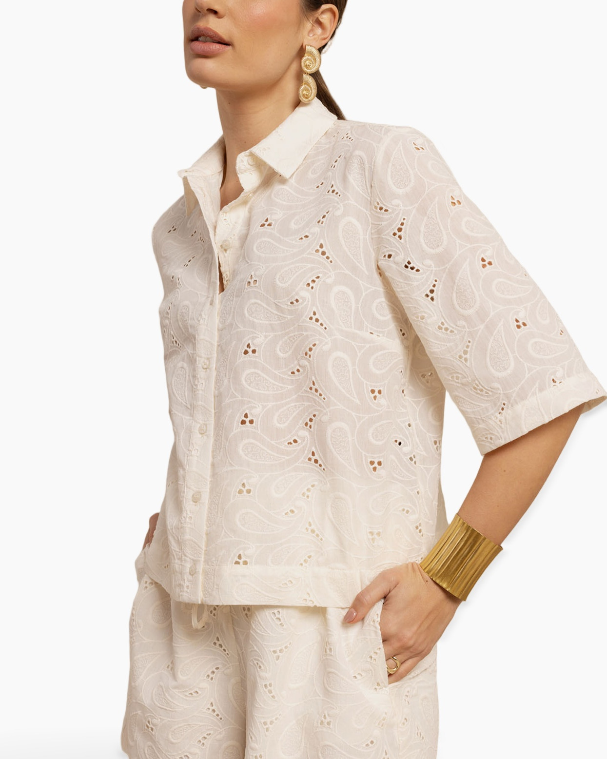 eyelet, dente, shorts, knopen, crème