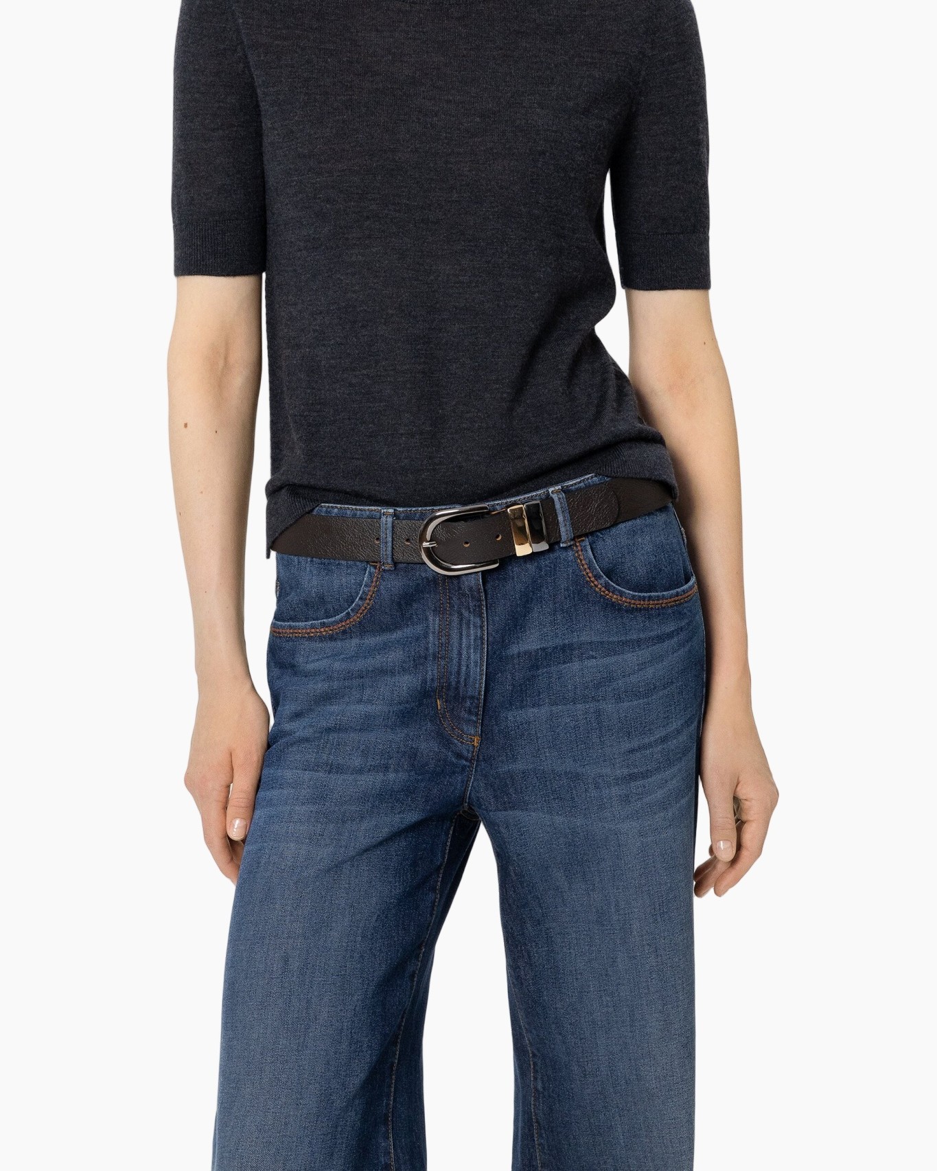top, korte mouwen, donker, gebreid, riem jeans