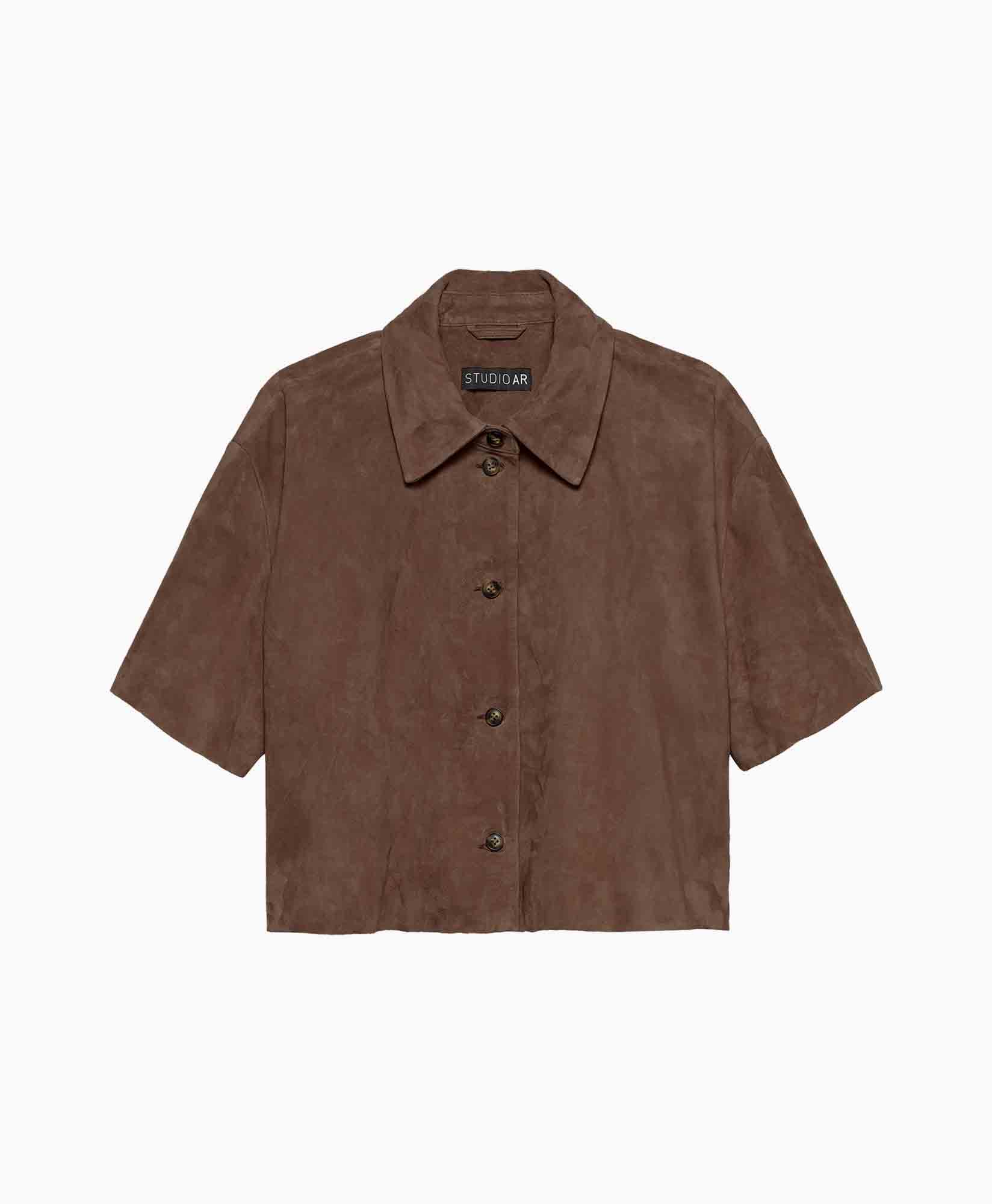 bruin, kortmouwen, knopen, suede, top