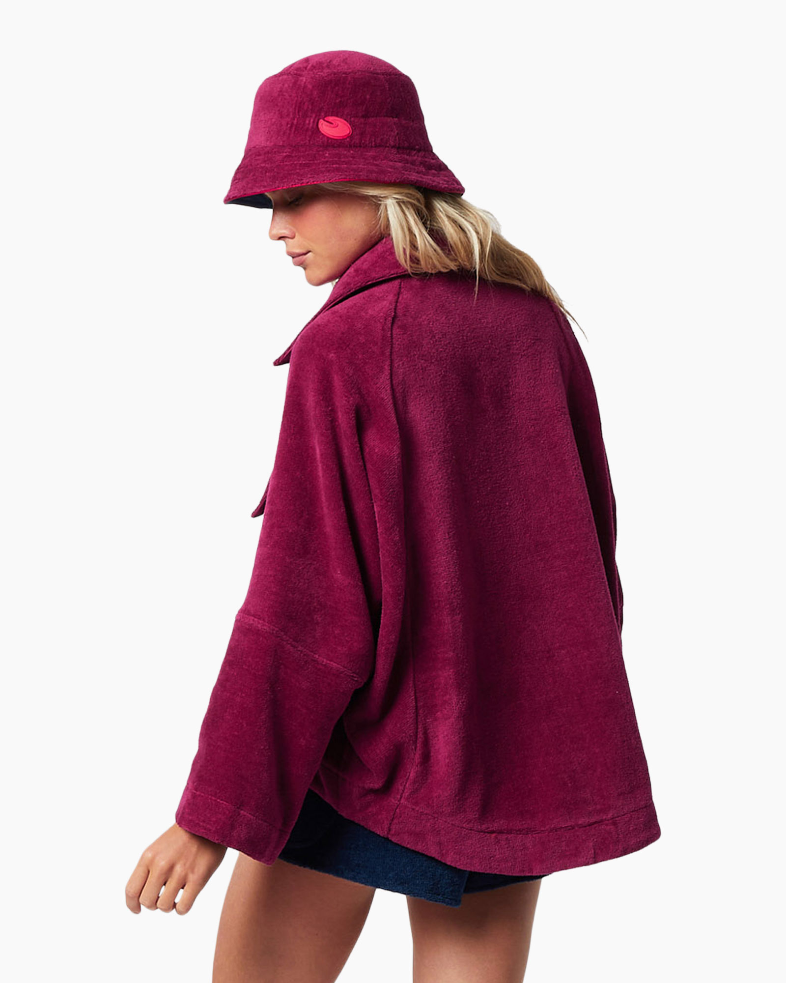 bucket hat, corduroy jacket, magenta, pocketed jacket, gold buttons