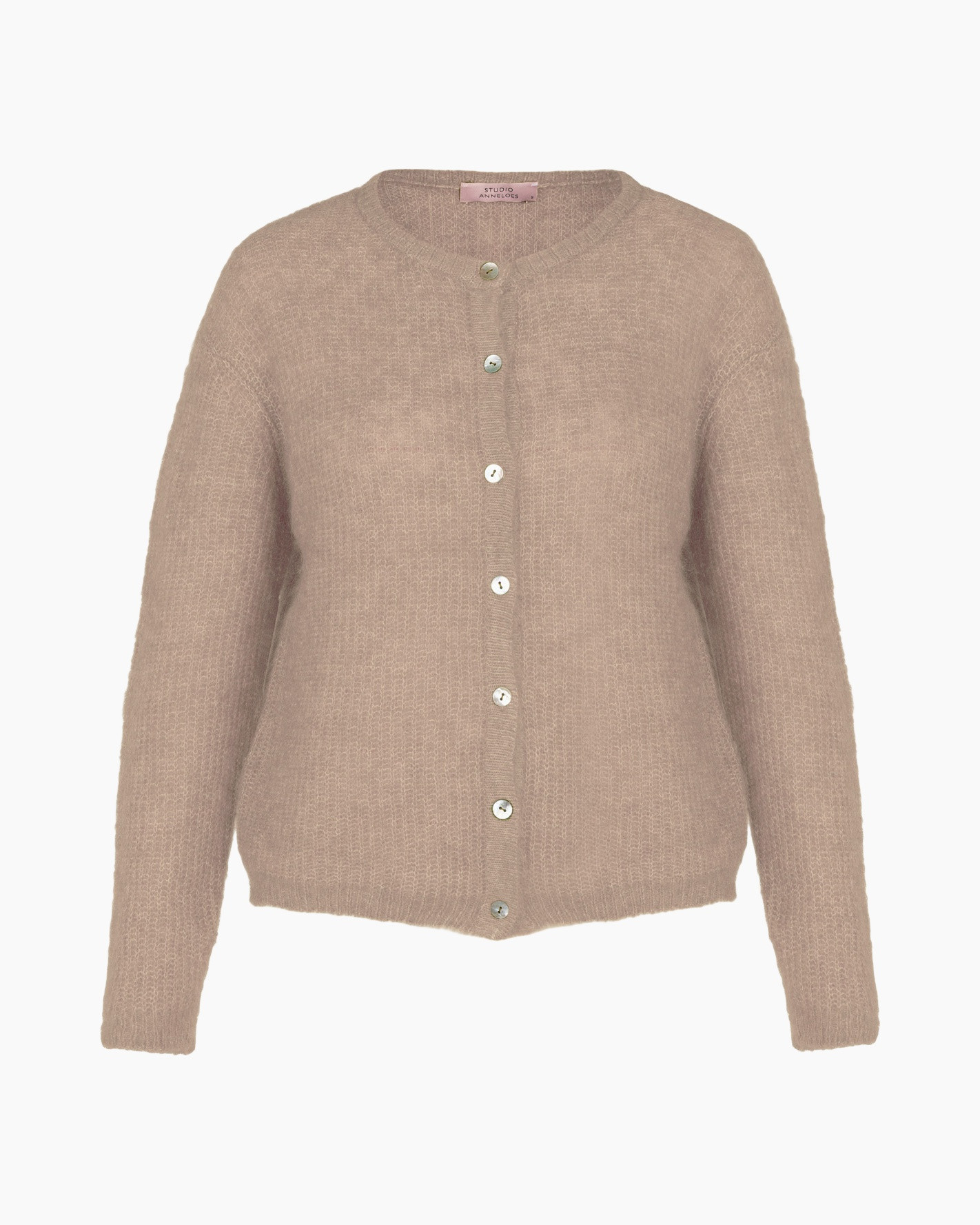 vestselse cardigan, gebreide cardigan, beige, knopen, lange mouw