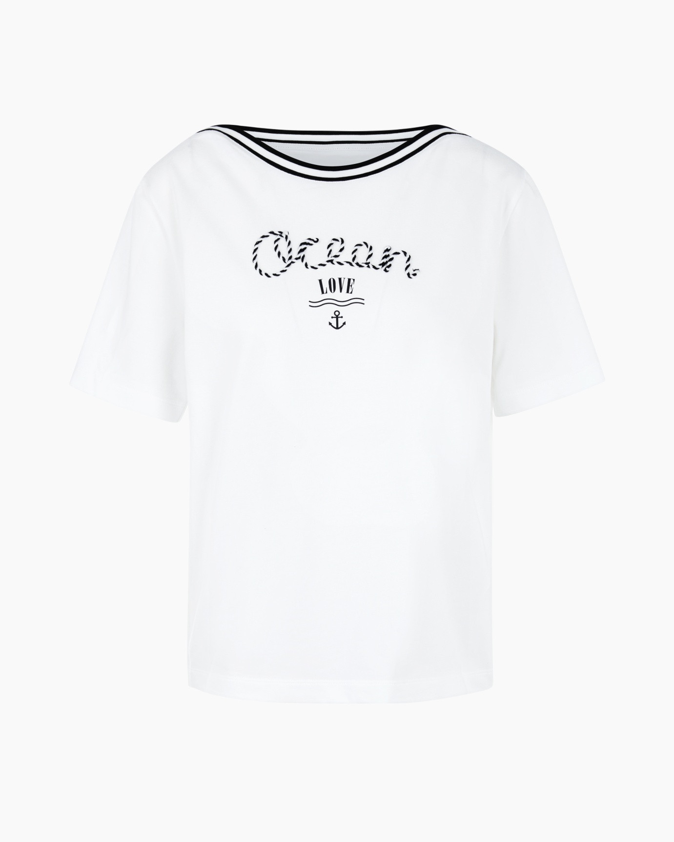 t-shirt, wit, grafisch, korte mouw, donkerblauw lint ontwerp