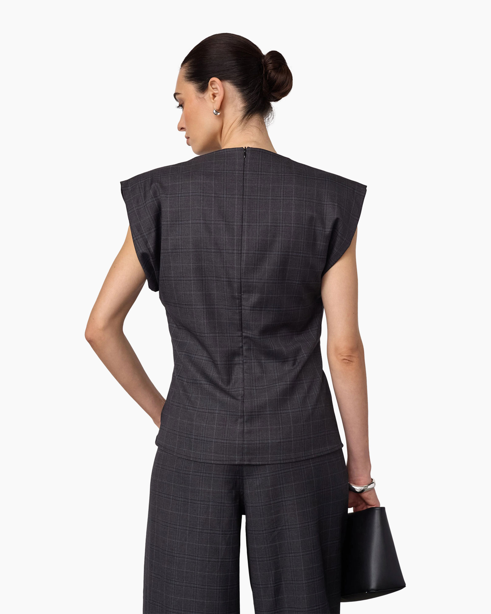 top, gedeclareerde top,  wrap taille, ruches, geruite patroon