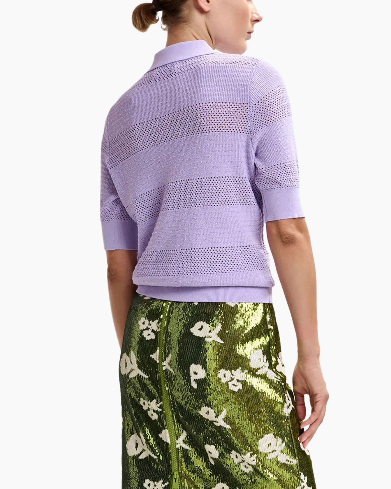 katoenen polo, lila top, korte mouwen, garen breiwerk, strikdetails