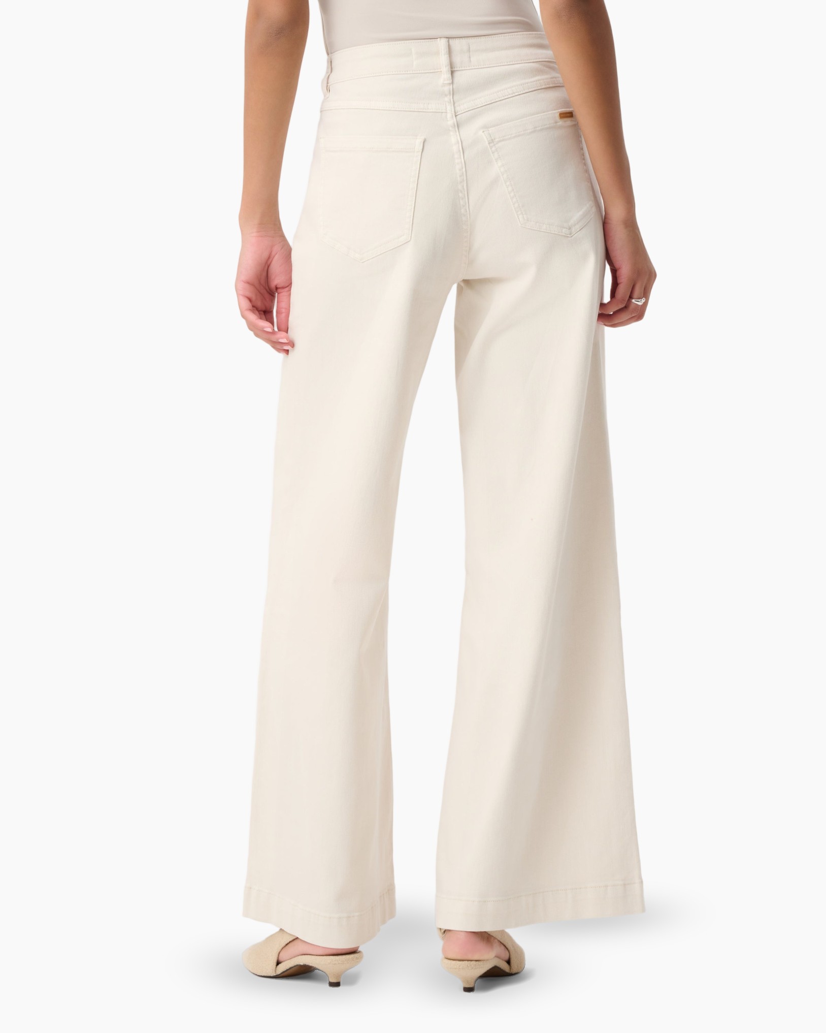 broek, wijdere-leg, crème, denim-achtig, hoog-taillijn