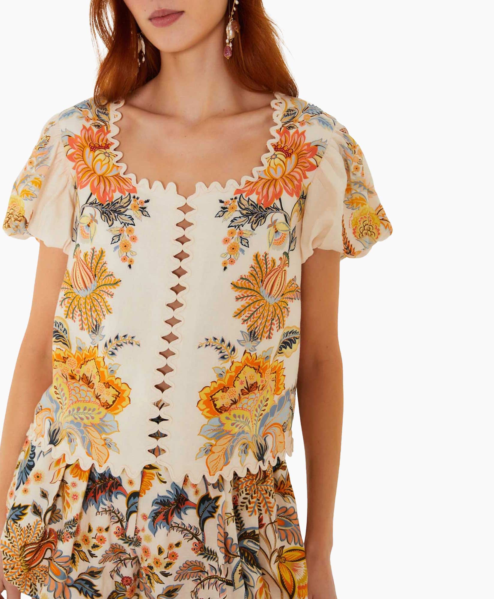 borduurwerk, bloemen, blouse, korte mouw, crème