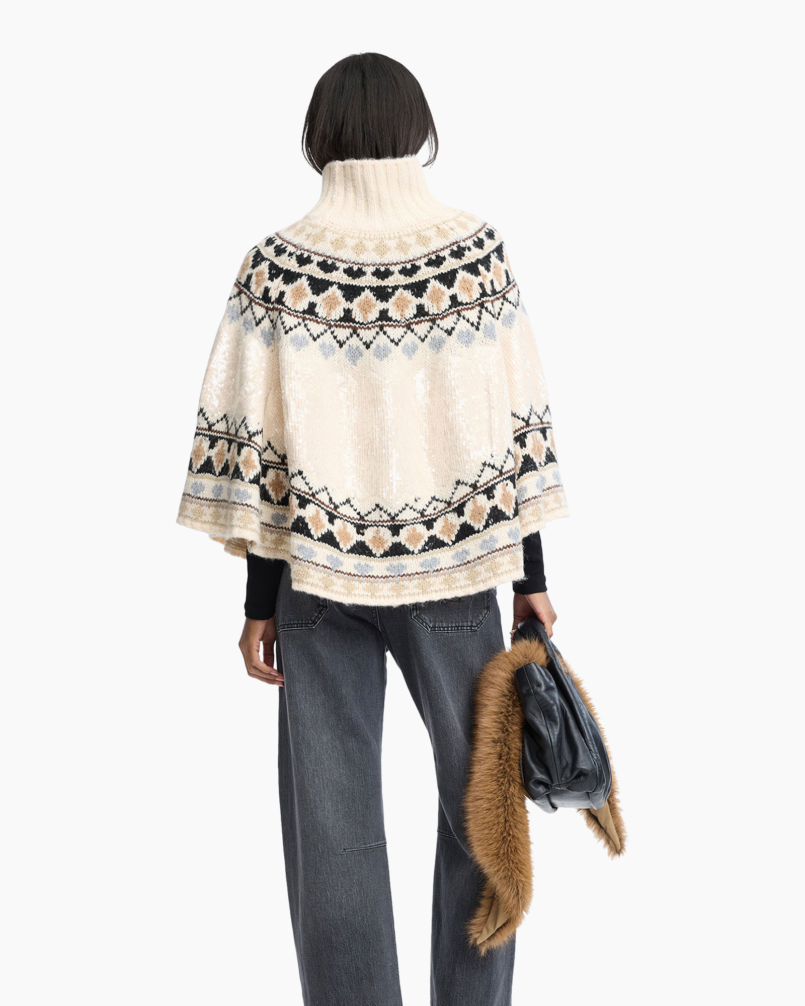 rolkraag trui, brei trui, fair isle patroon, crème, poncho-achtig